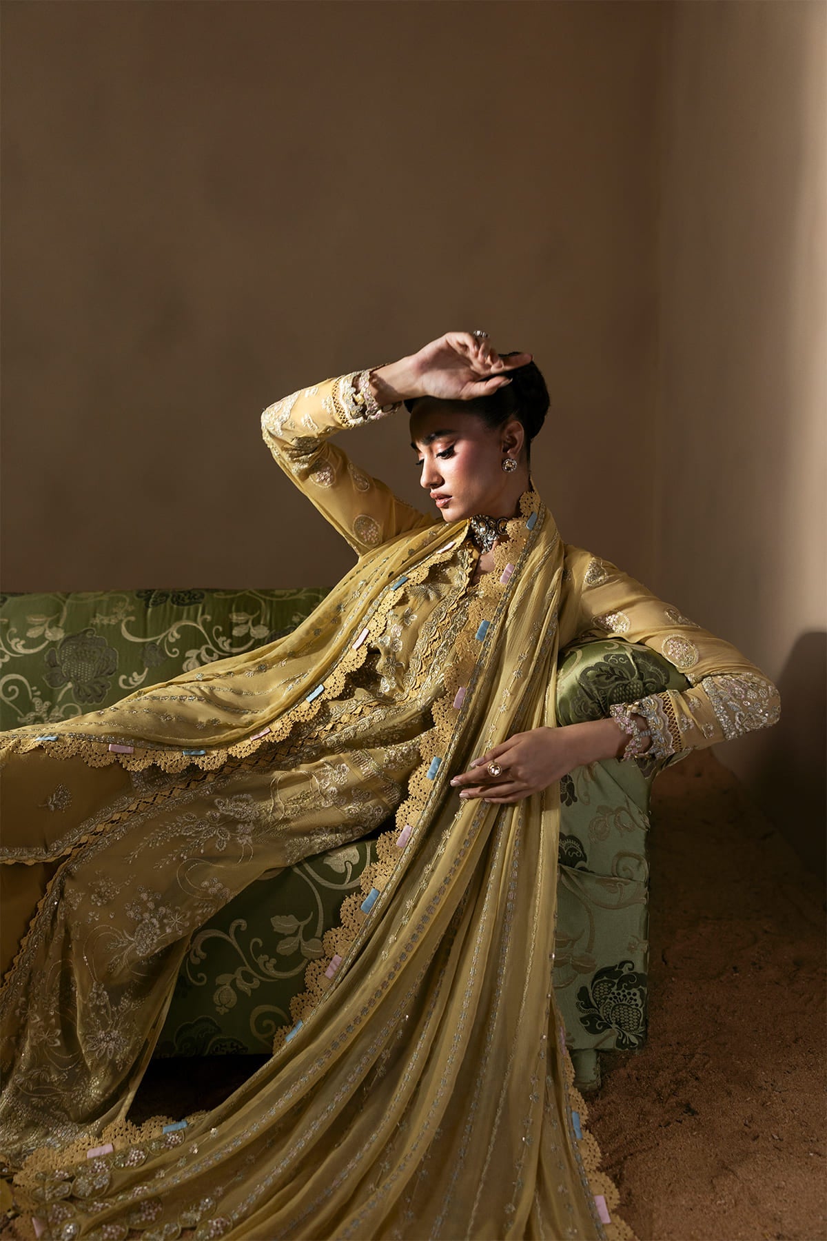 Cymelle mustard yellow shirt and trousers, reference outfit photograph 6 — Made by Mairaz reproduction