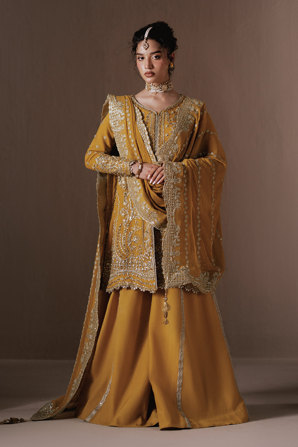 Dhanak mustard gold long shirt and skirt, reference outfit photograph 1 — Made by Mairaz reproduction
