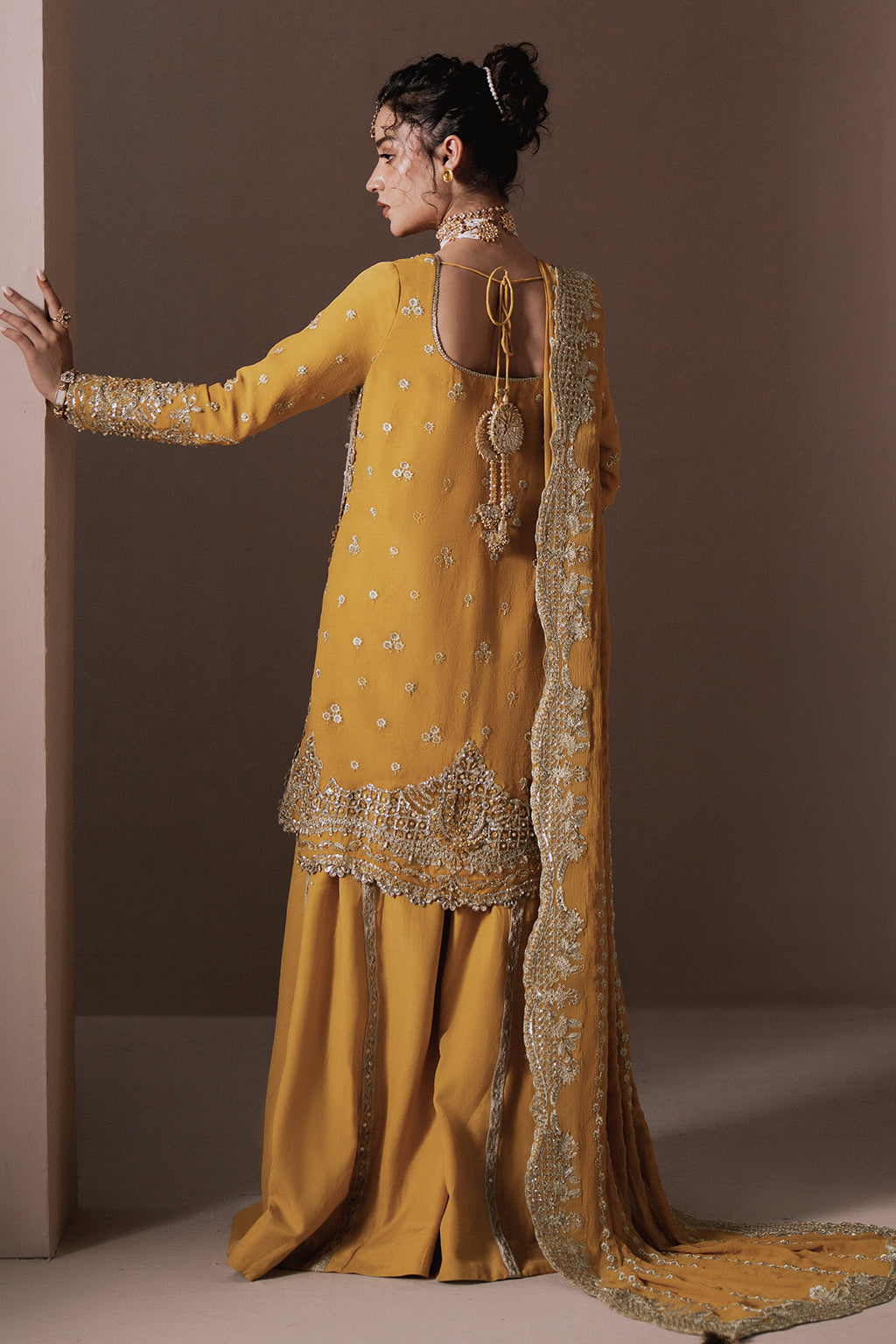 Dhanak mustard gold long shirt and skirt, reference outfit photograph 2 — Made by Mairaz reproduction