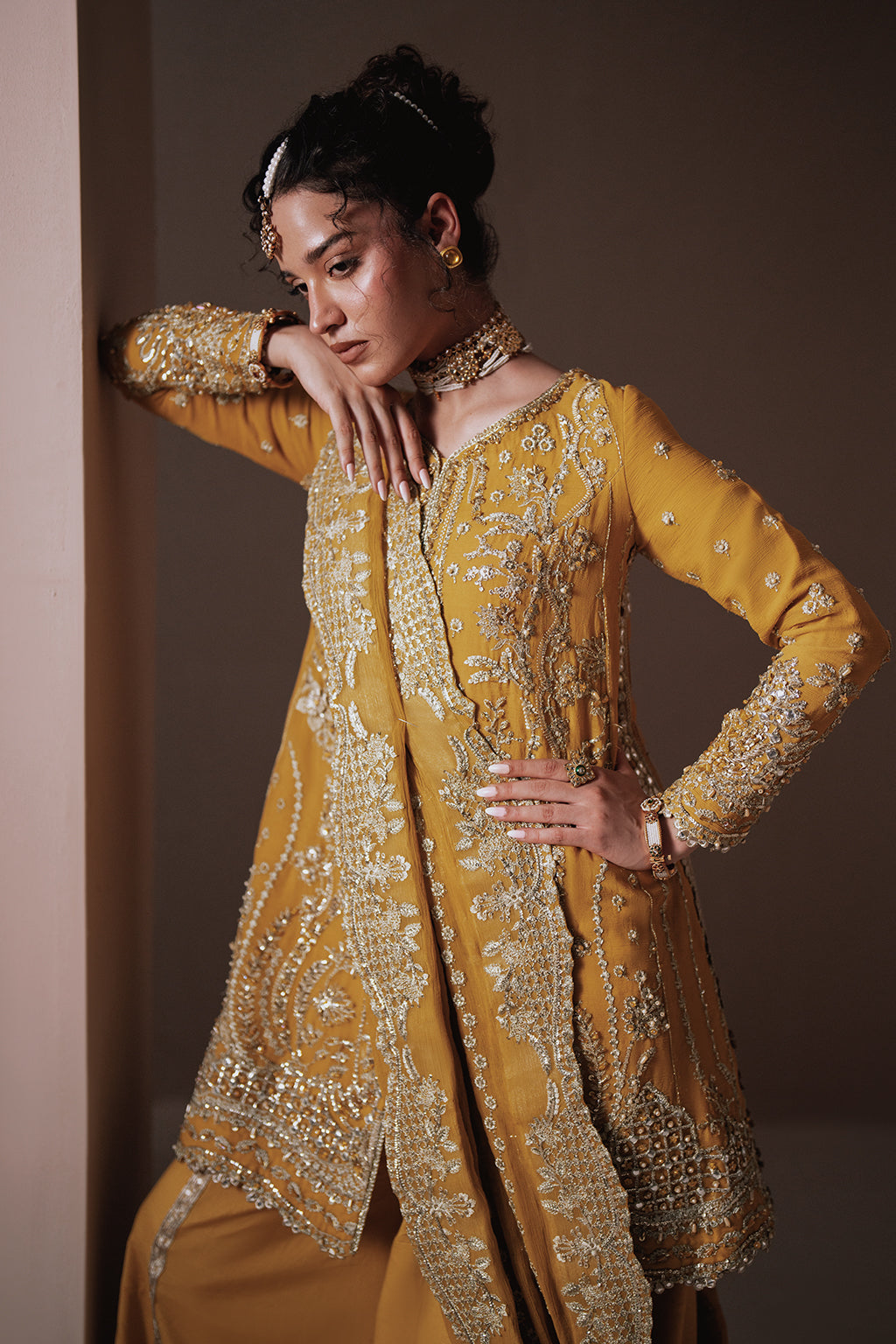 Dhanak mustard gold long shirt and skirt, reference outfit photograph 3 — Made by Mairaz reproduction