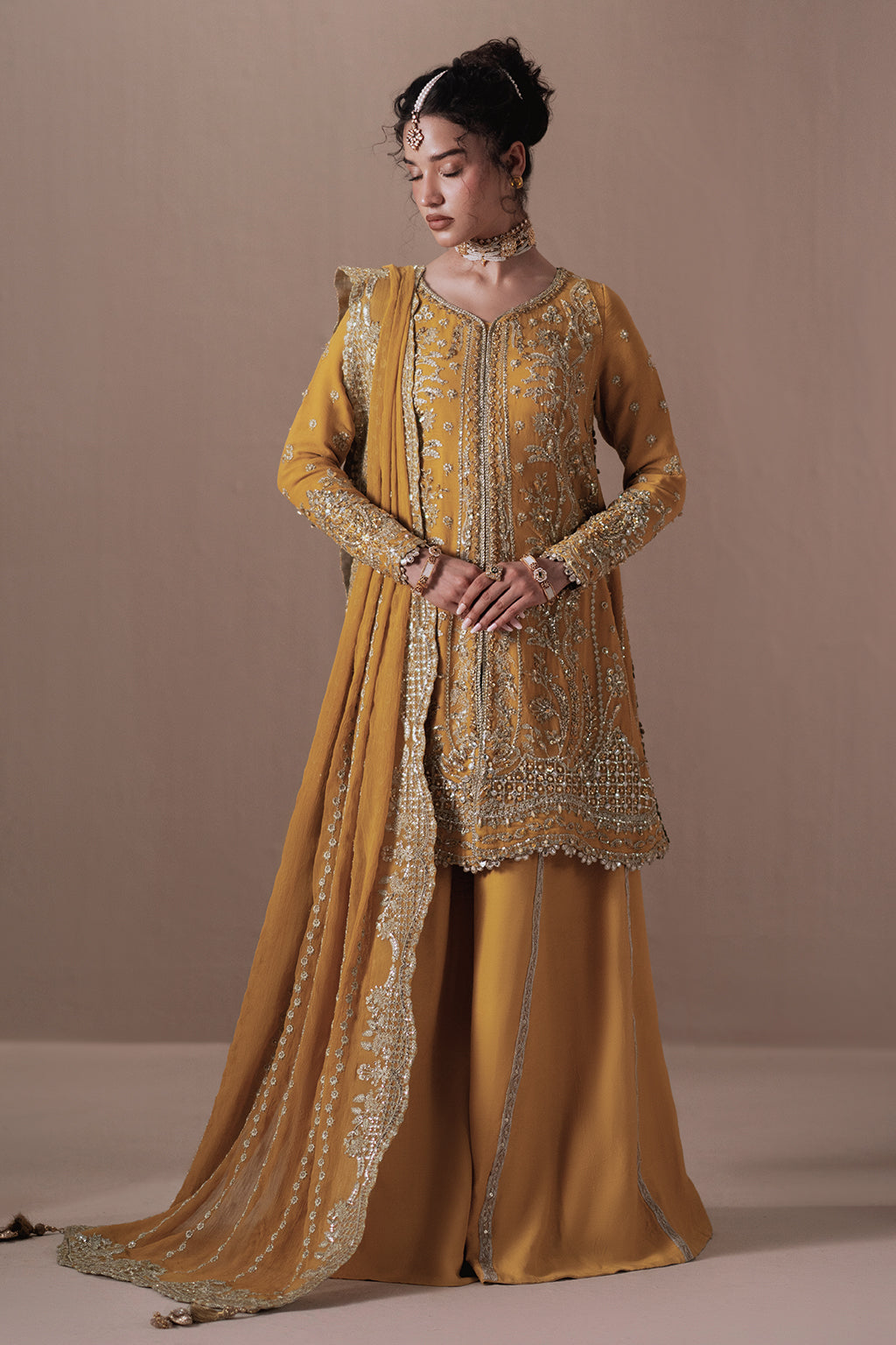 Dhanak mustard gold long shirt and skirt, reference outfit photograph 4 — Made by Mairaz reproduction
