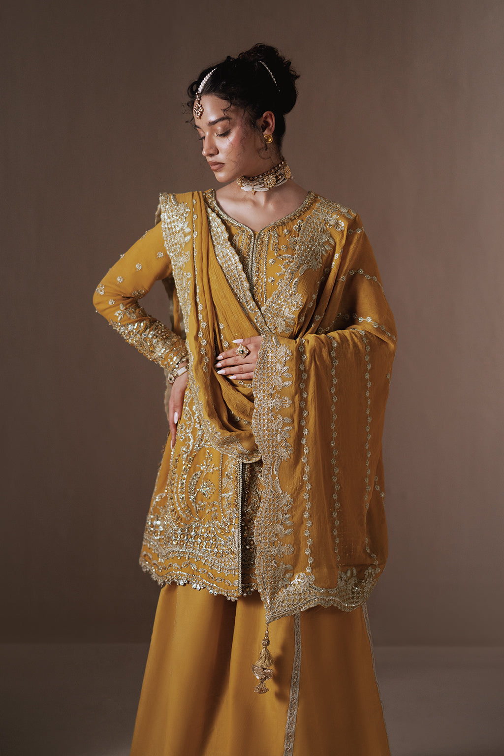 Dhanak mustard gold long shirt and skirt, reference outfit photograph 5 — Made by Mairaz reproduction
