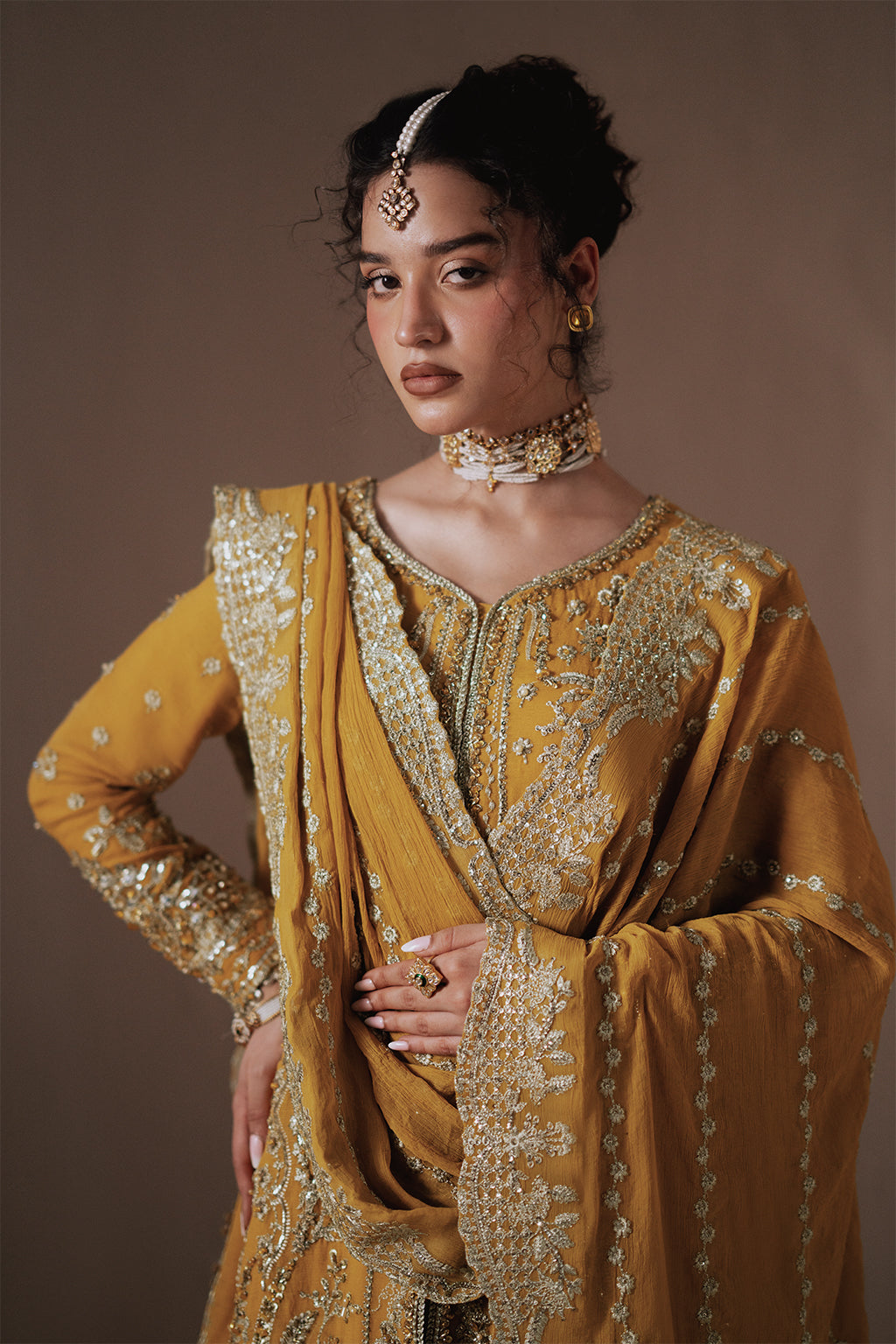 Dhanak mustard gold long shirt and skirt, reference outfit photograph 6 — Made by Mairaz reproduction
