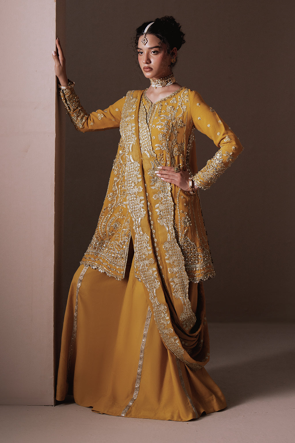 Dhanak mustard gold long shirt and skirt, reference outfit photograph 7 — Made by Mairaz reproduction