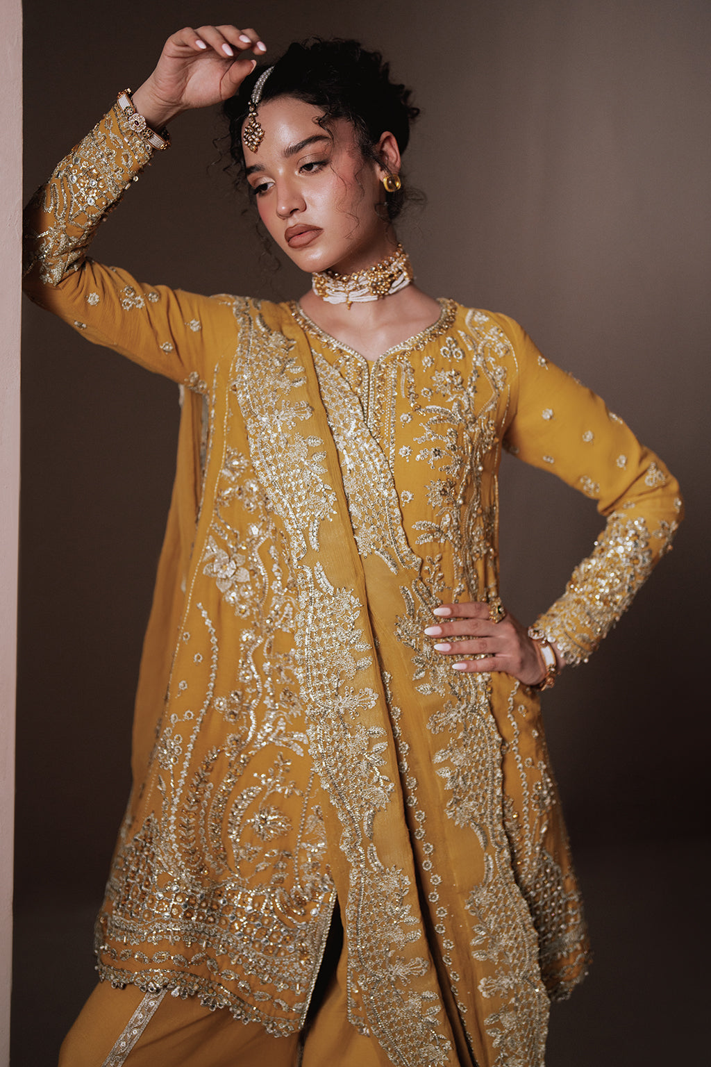 Dhanak mustard gold long shirt and skirt, reference outfit photograph 8 — Made by Mairaz reproduction