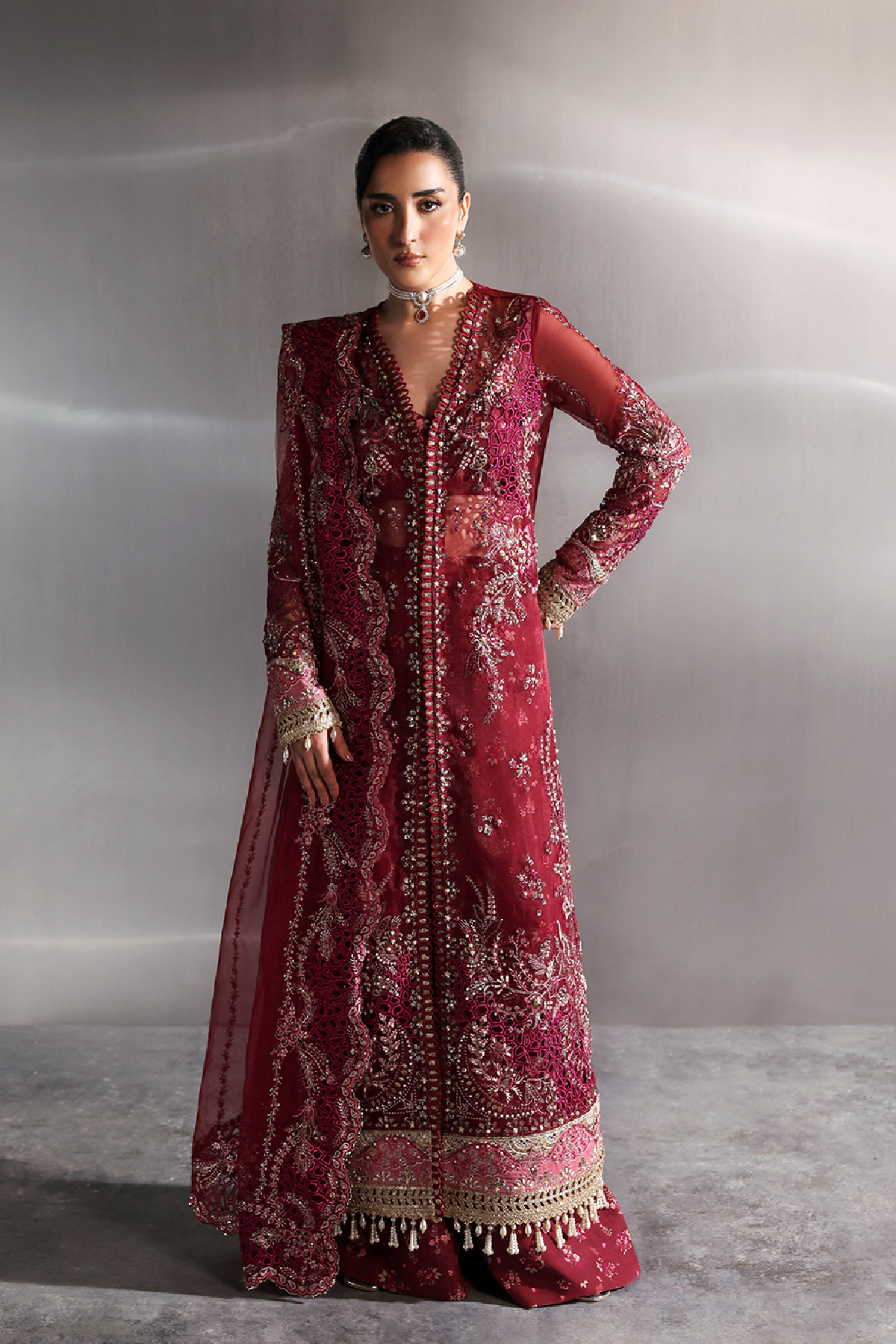 Garnet maroon long shirt and trousers, reference outfit photograph 1 — Made by Mairaz reproduction