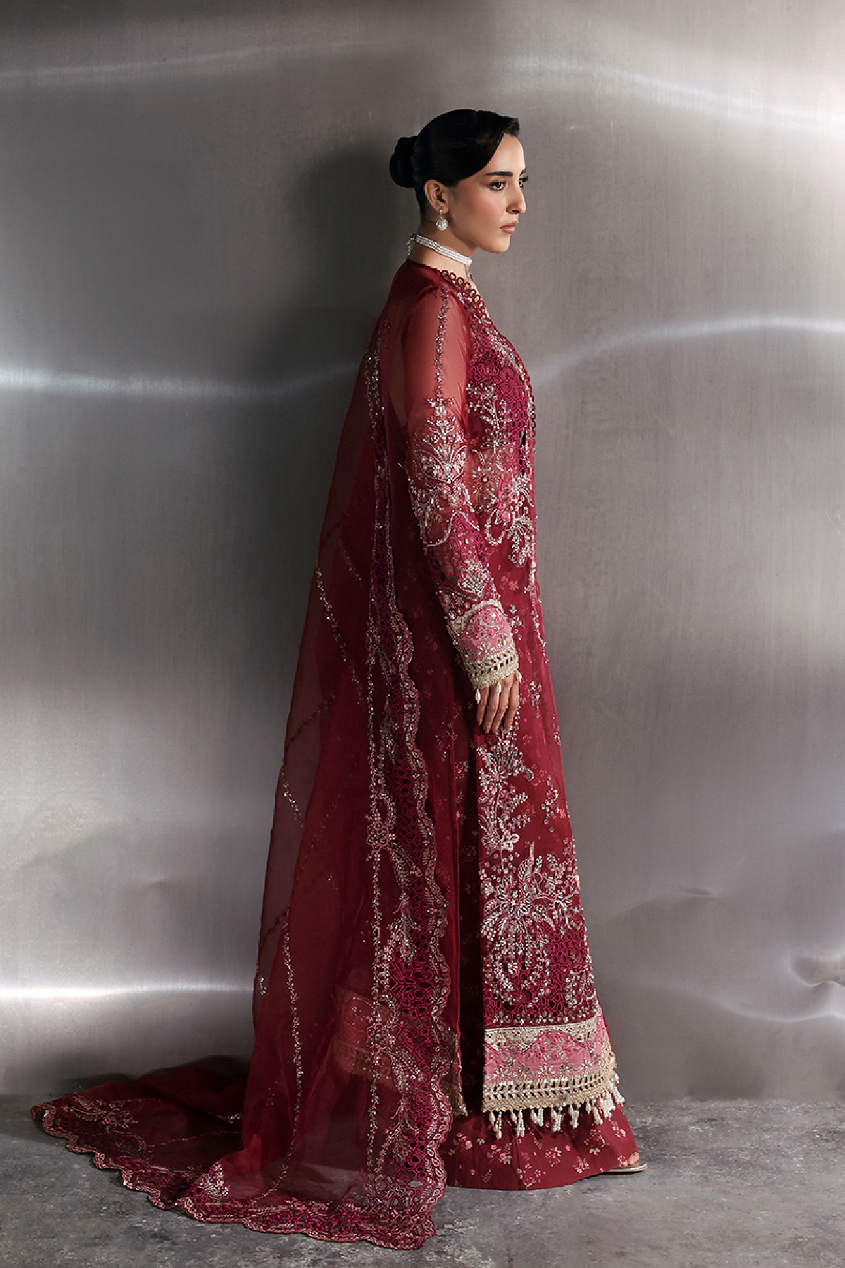 Garnet maroon long shirt and trousers, reference outfit photograph 2 — Made by Mairaz reproduction
