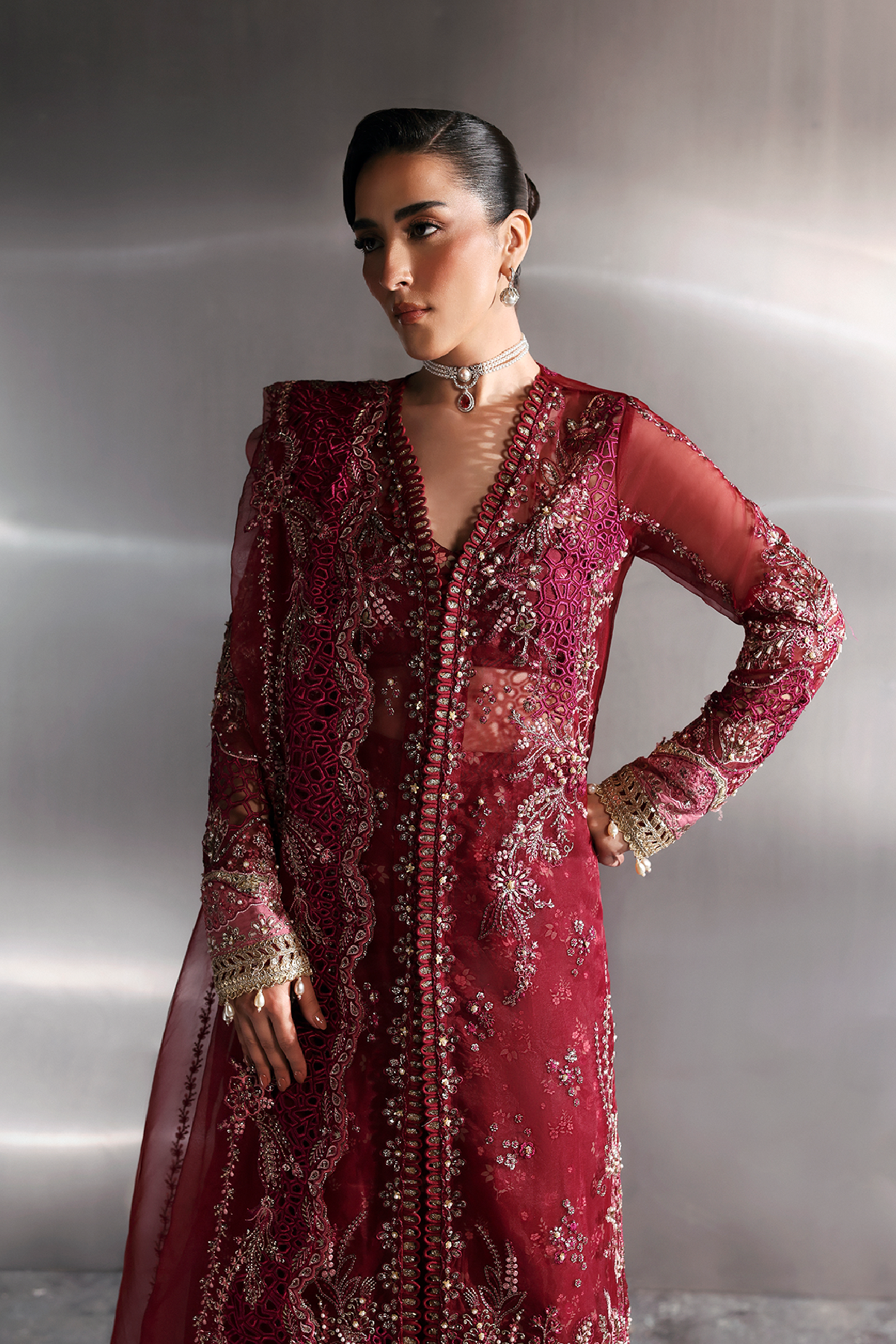 Garnet maroon long shirt and trousers, reference outfit photograph 3 — Made by Mairaz reproduction