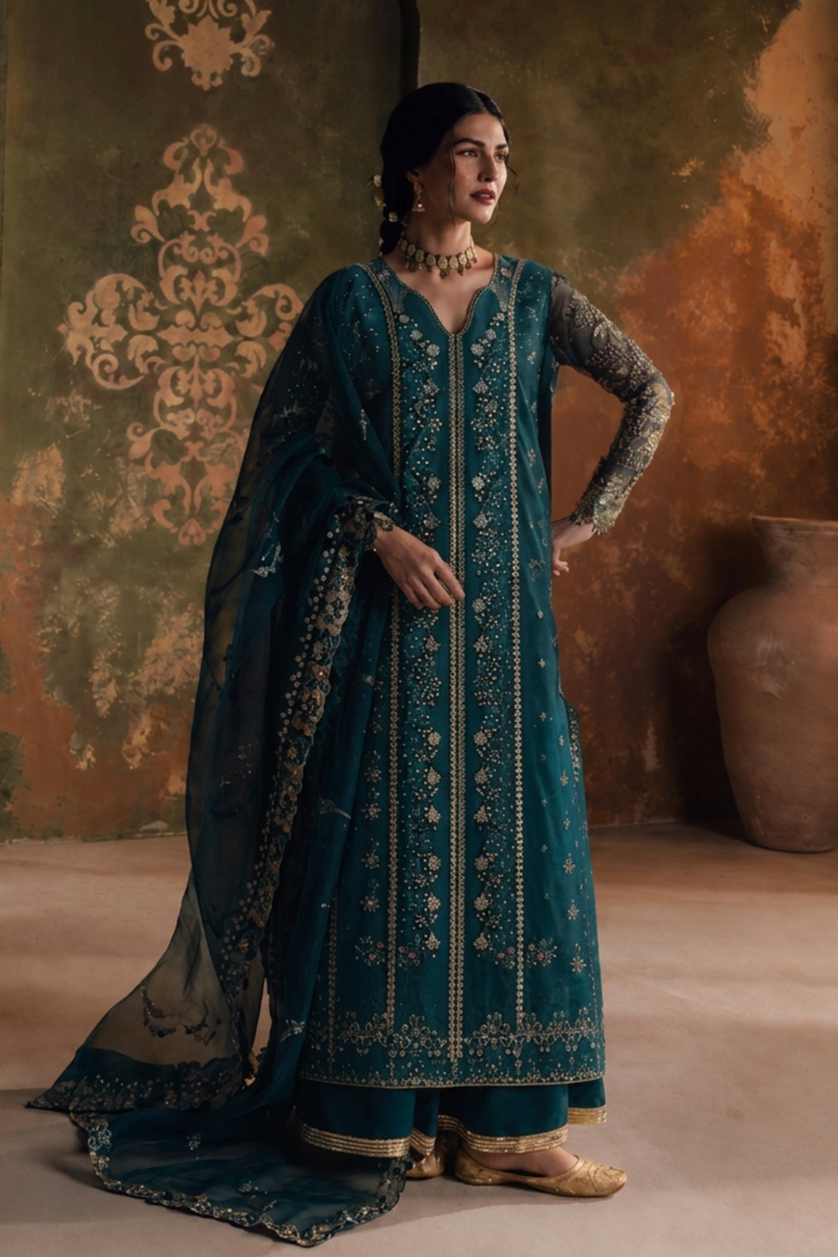 Guleen teal long shirt and skirt, reference outfit photograph 1 — Made by Mairaz reproduction
