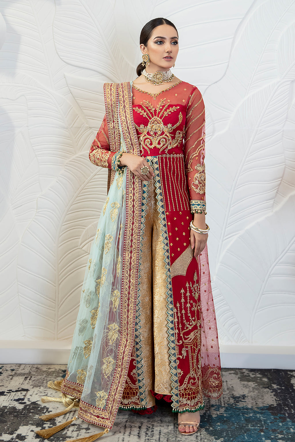 Lark 05 red angrakha shirt and trousers, reference outfit photograph 1 — Made by Mairaz reproduction