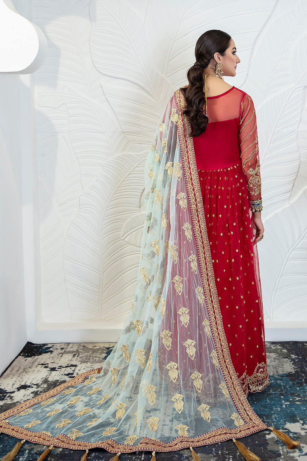 Lark 05 red angrakha shirt and trousers, reference outfit photograph 2 — Made by Mairaz reproduction