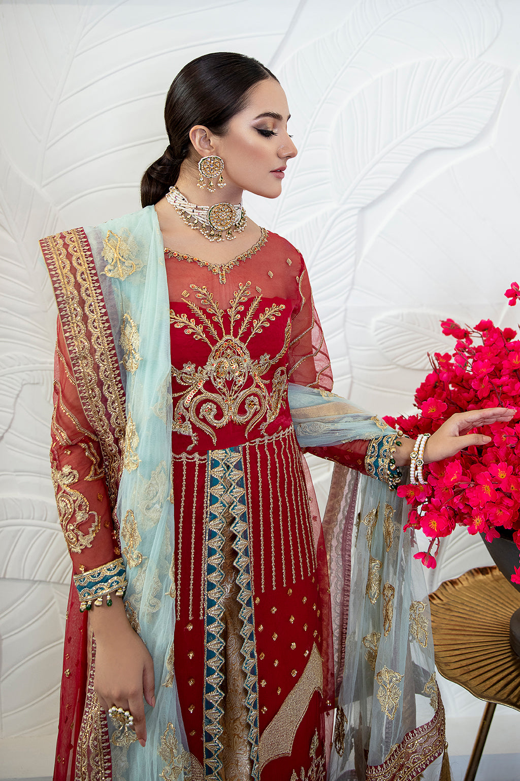 Lark 05 red angrakha shirt and trousers, reference outfit photograph 6 — Made by Mairaz reproduction