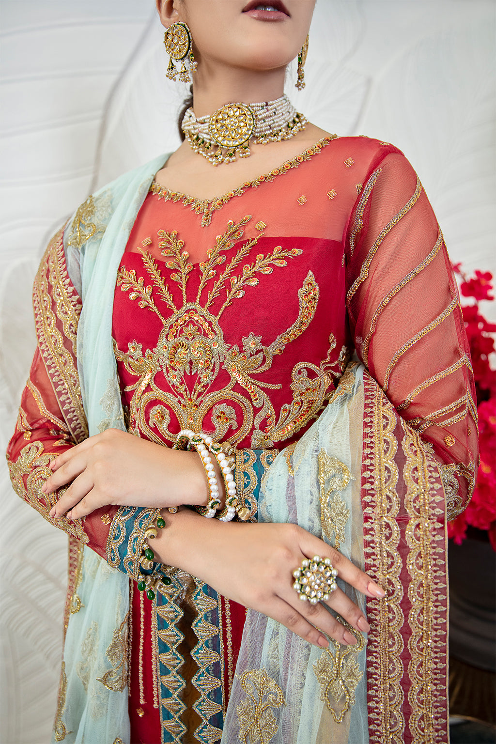 Lark 05 red angrakha shirt and trousers, reference outfit photograph 7 — Made by Mairaz reproduction