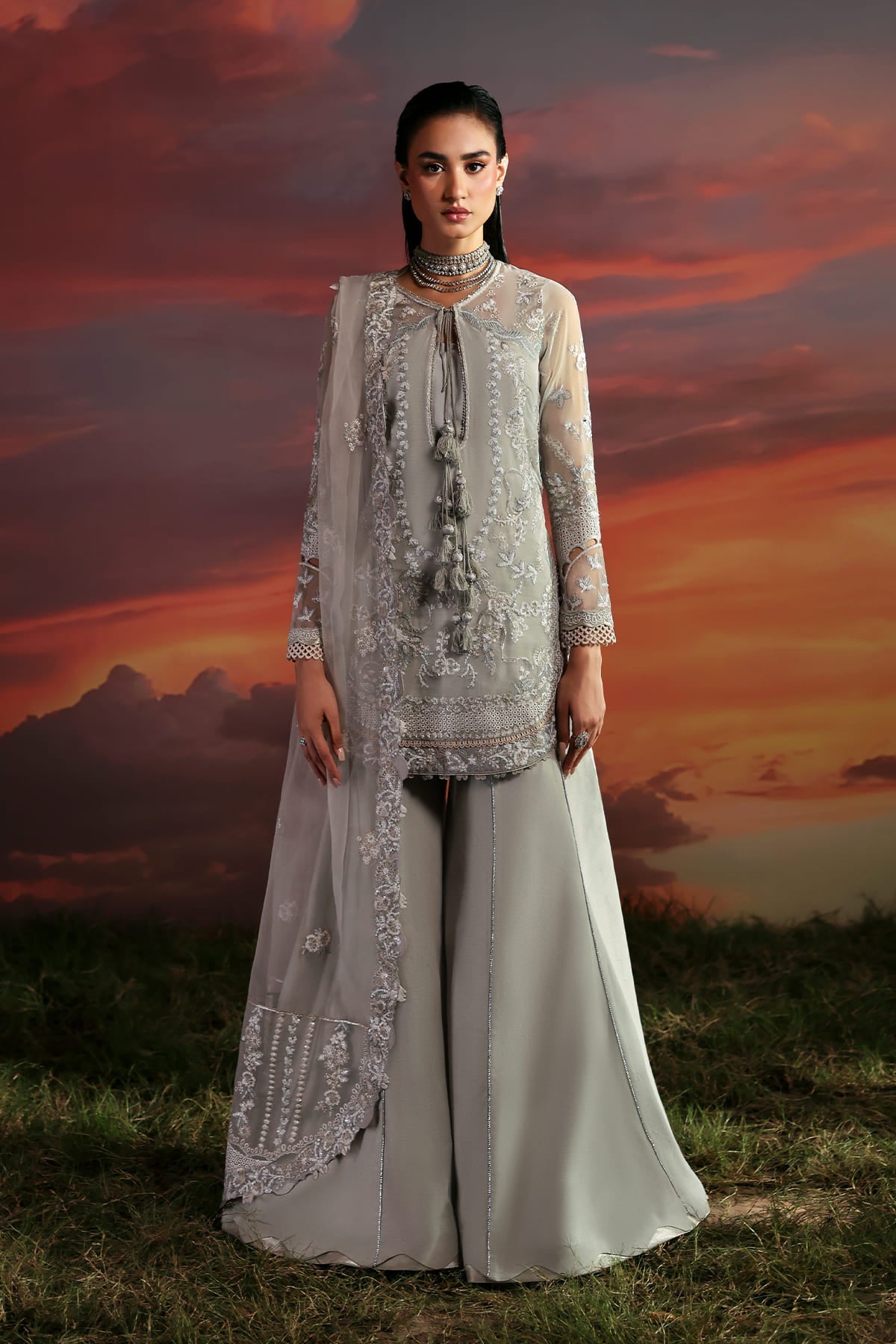 Lumen grey shirt and flared trousers, reference outfit photograph 1 — Made by Mairaz reproduction