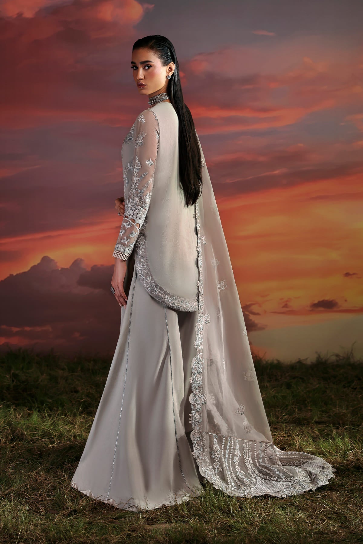 Lumen grey shirt and flared trousers, reference outfit photograph 2 — Made by Mairaz reproduction