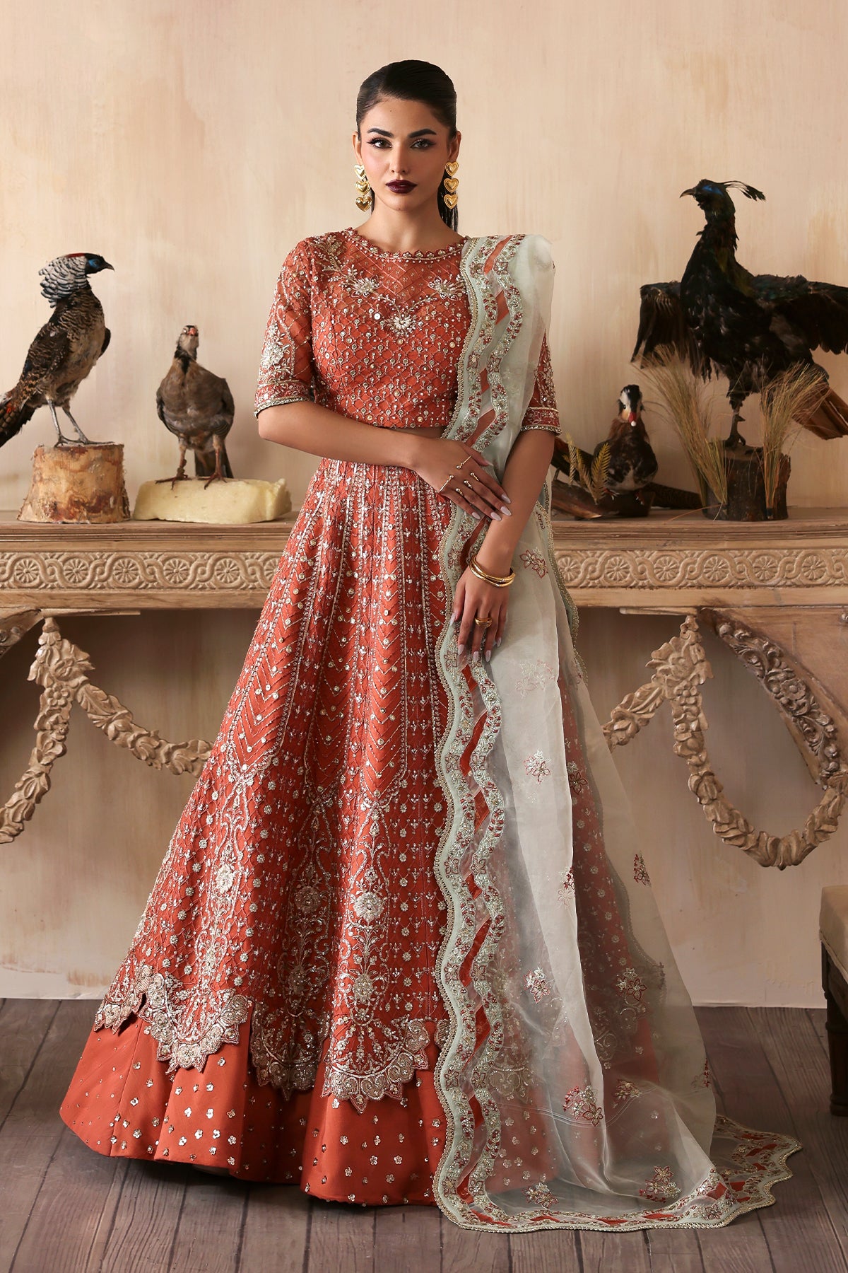 Mahgul coral pink kalidaar, reference outfit photograph 1 — Made by Mairaz reproduction