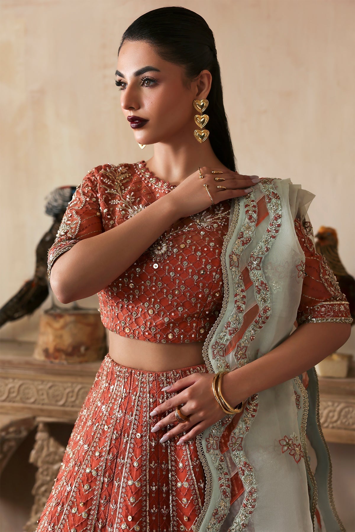 Mahgul coral pink kalidaar, reference outfit photograph 3 — Made by Mairaz reproduction