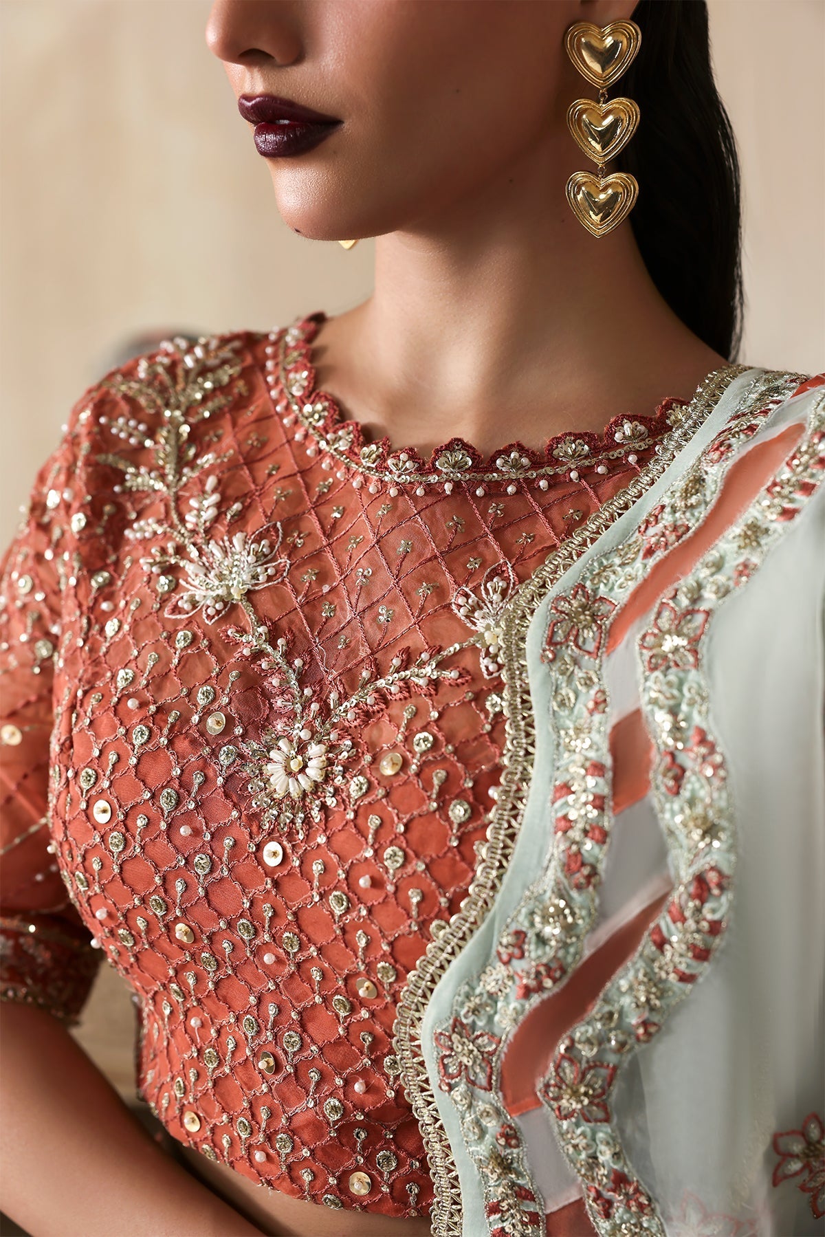 Mahgul coral pink kalidaar, reference outfit photograph 4 — Made by Mairaz reproduction