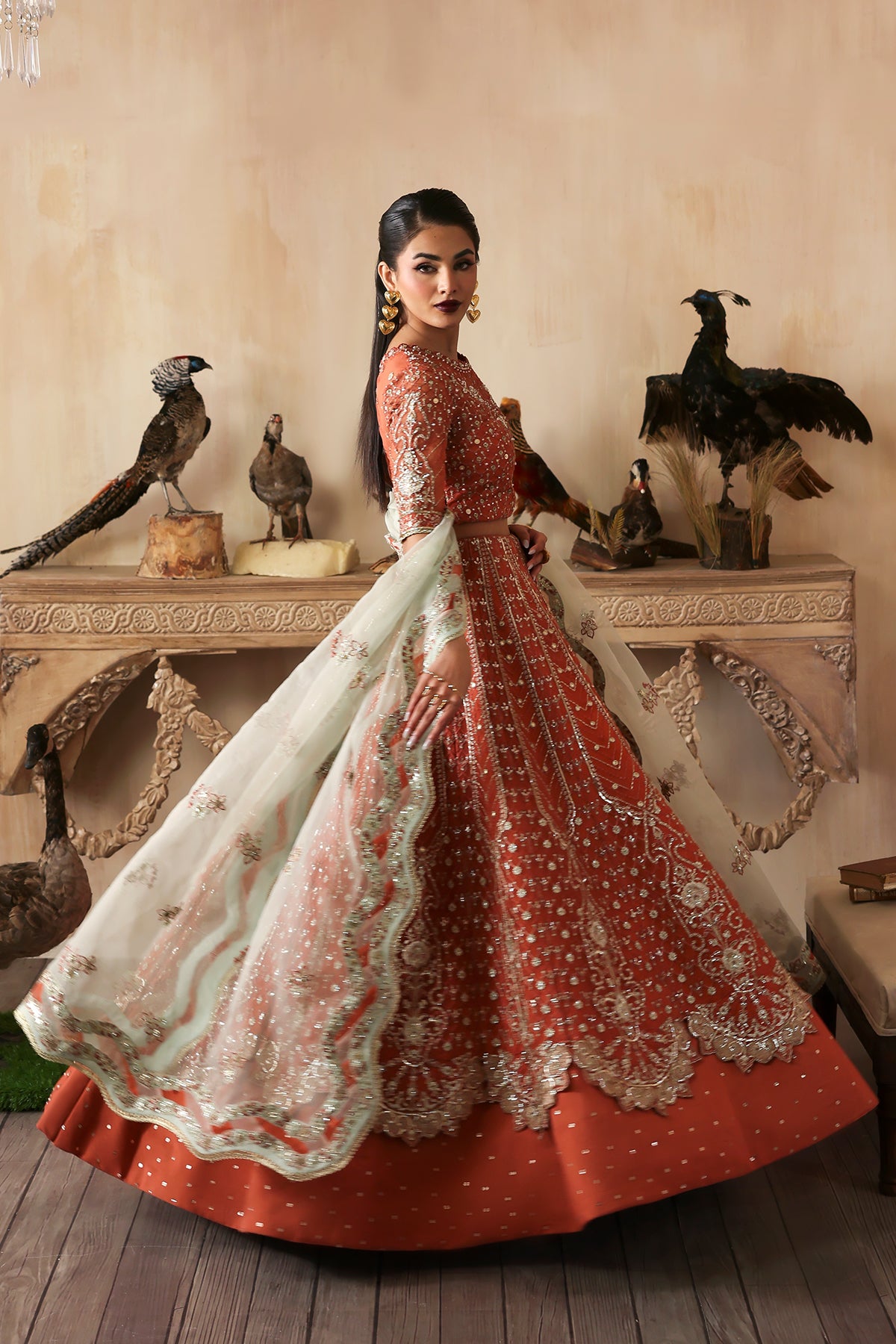 Mahgul coral pink kalidaar, reference outfit photograph 5 — Made by Mairaz reproduction