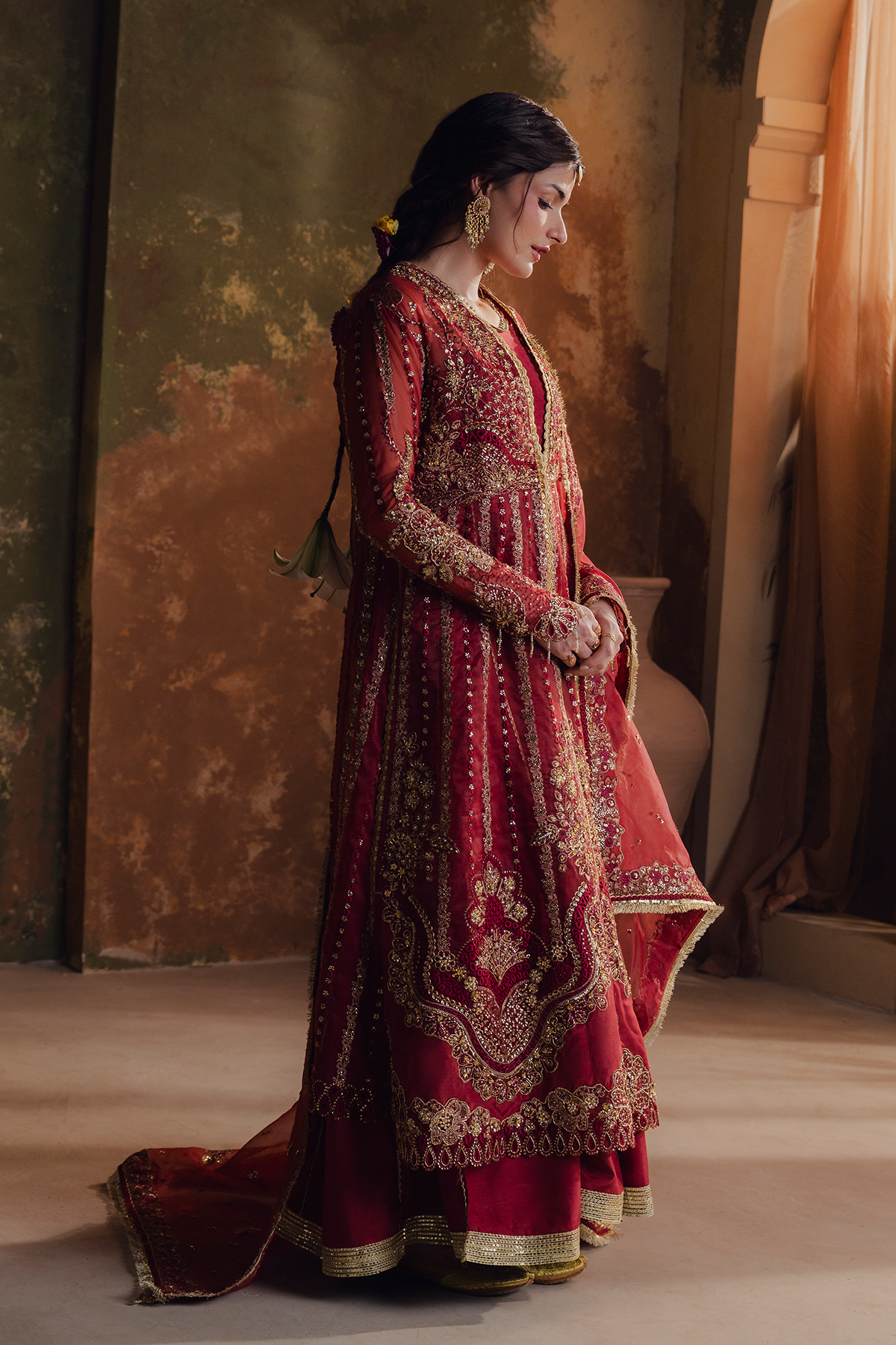 Mehrunisa red long shirt and skirt, reference outfit photograph 4 — Made by Mairaz reproduction