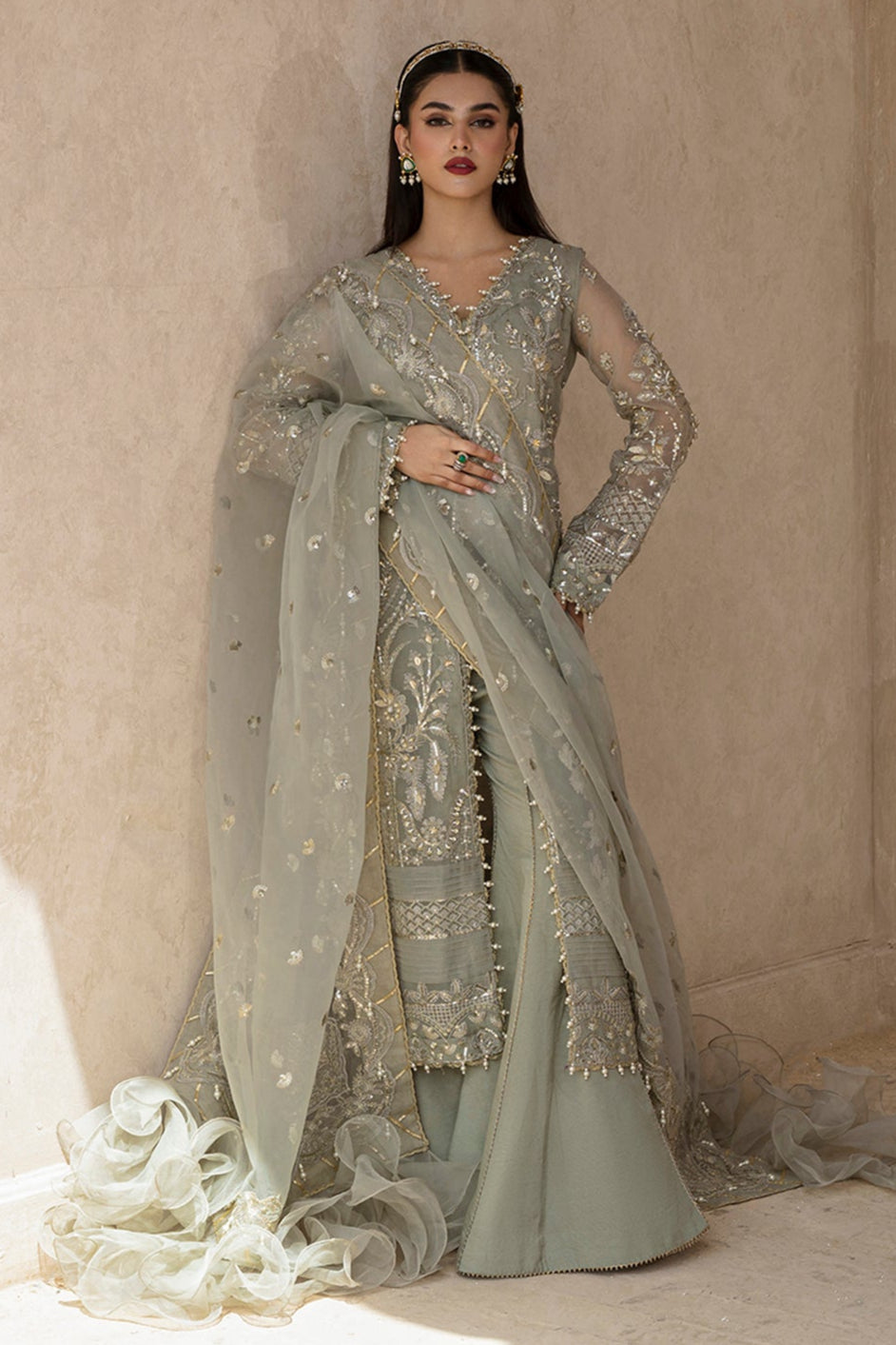 Mushk sage green kalidaar, reference outfit photograph 1 — Made by Mairaz reproduction