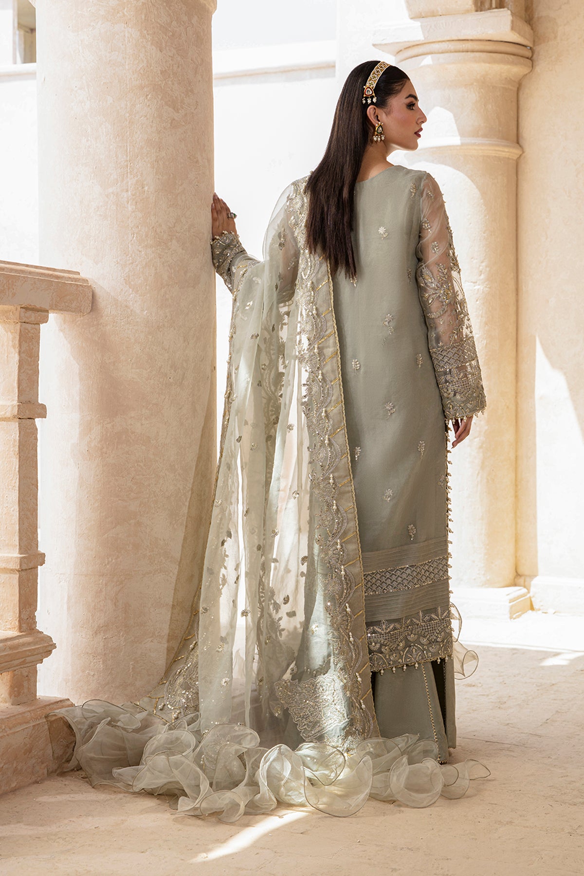 Mushk sage green kalidaar, reference outfit photograph 2 — Made by Mairaz reproduction
