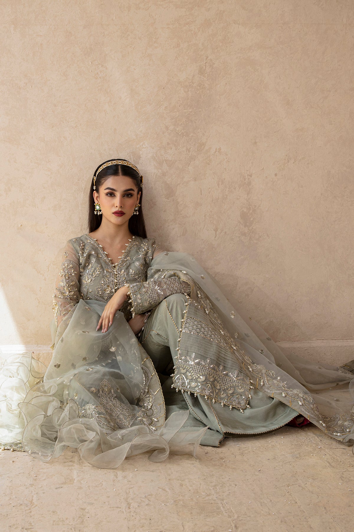 Mushk sage green kalidaar, reference outfit photograph 3 — Made by Mairaz reproduction