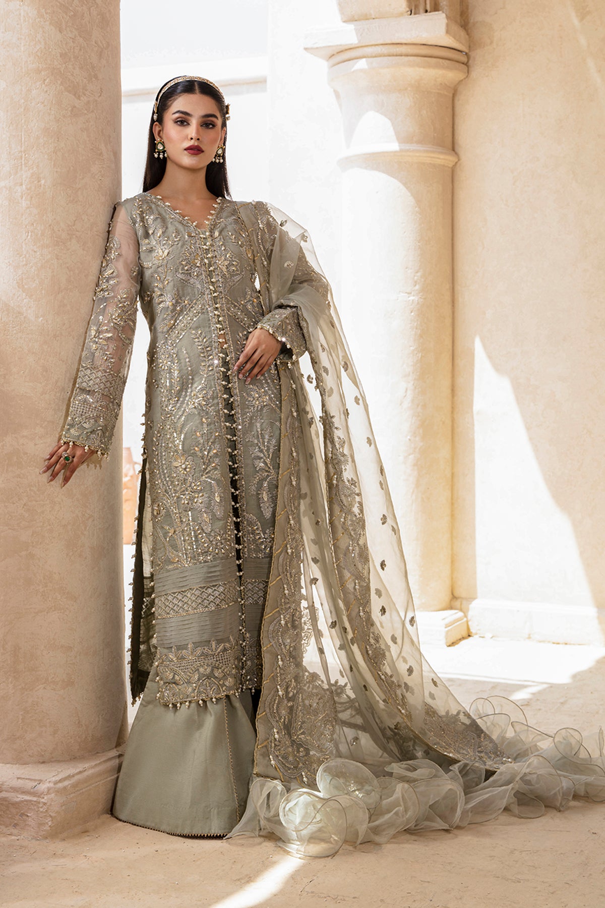 Mushk sage green kalidaar, reference outfit photograph 6 — Made by Mairaz reproduction