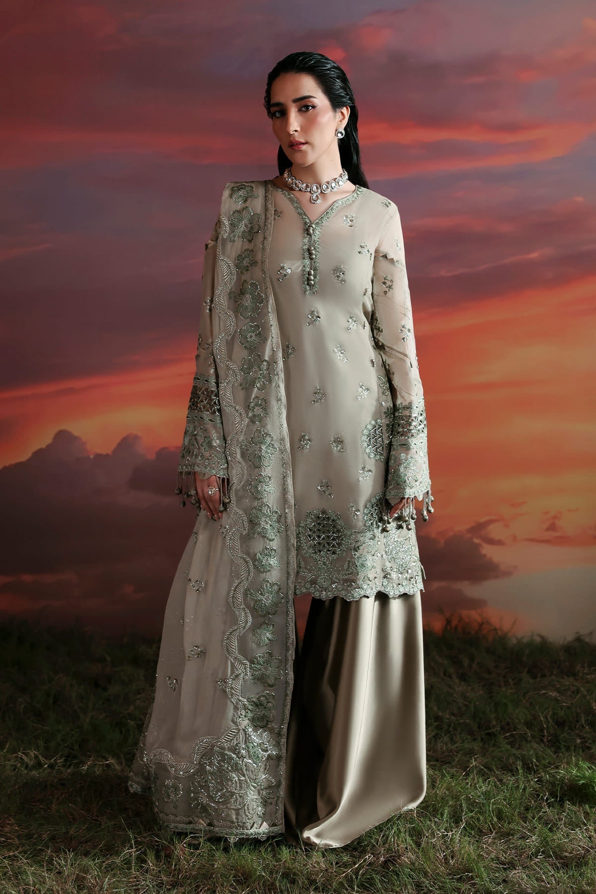 Nerine sage green shirt and flared trousers, reference outfit photograph 1 — Made by Mairaz reproduction