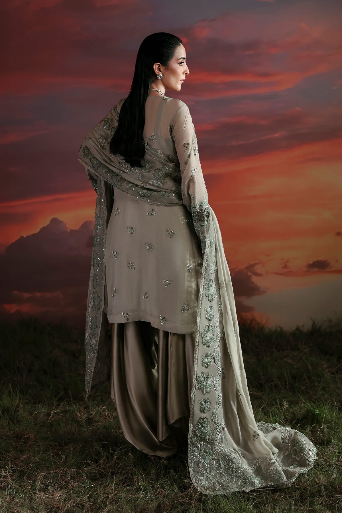 Nerine sage green shirt and flared trousers, reference outfit photograph 2 — Made by Mairaz reproduction