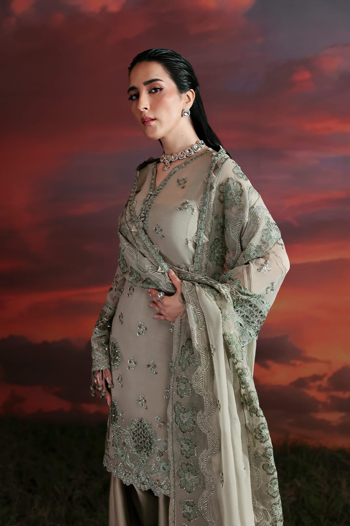 Nerine sage green shirt and flared trousers, reference outfit photograph 4 — Made by Mairaz reproduction