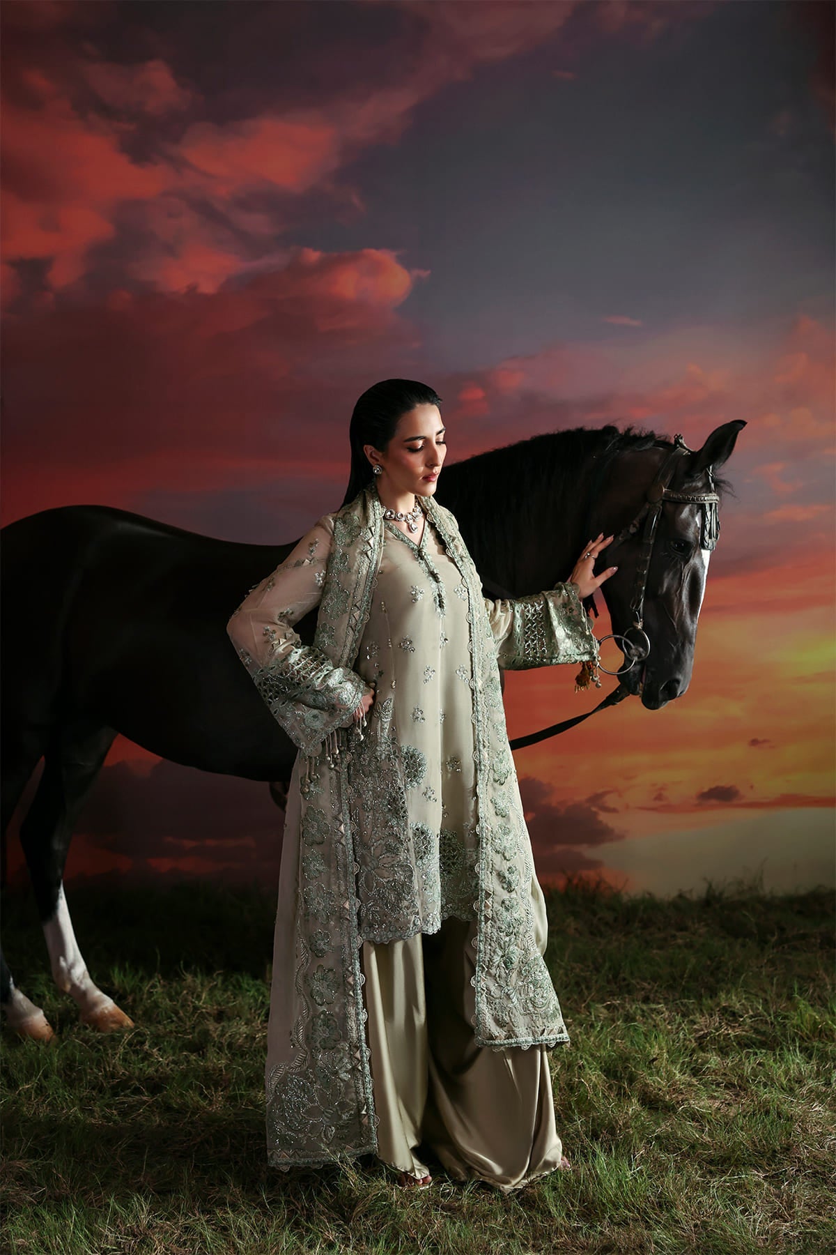 Nerine sage green shirt and flared trousers, reference outfit photograph 5 — Made by Mairaz reproduction