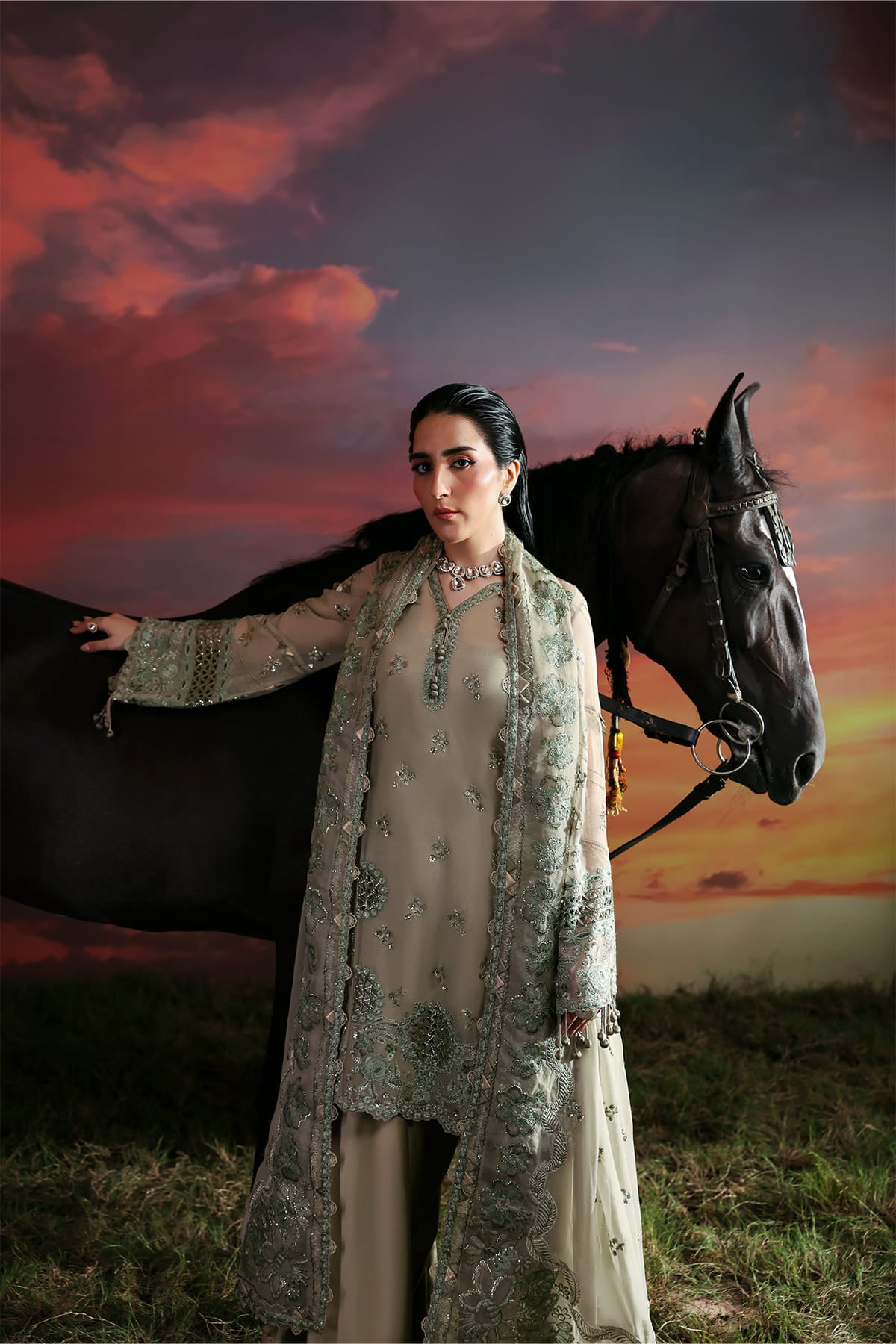 Nerine sage green shirt and flared trousers, reference outfit photograph 6 — Made by Mairaz reproduction