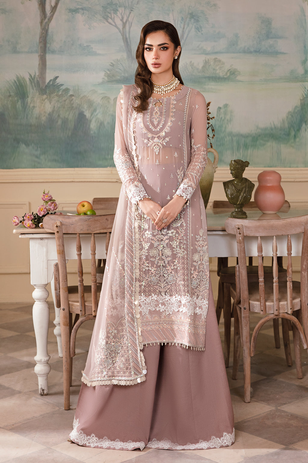 Noori dusty pink long shirt and skirt, reference outfit photograph 1 — Made by Mairaz reproduction