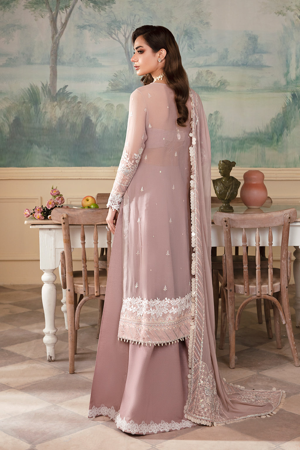 Noori dusty pink long shirt and skirt, reference outfit photograph 2 — Made by Mairaz reproduction