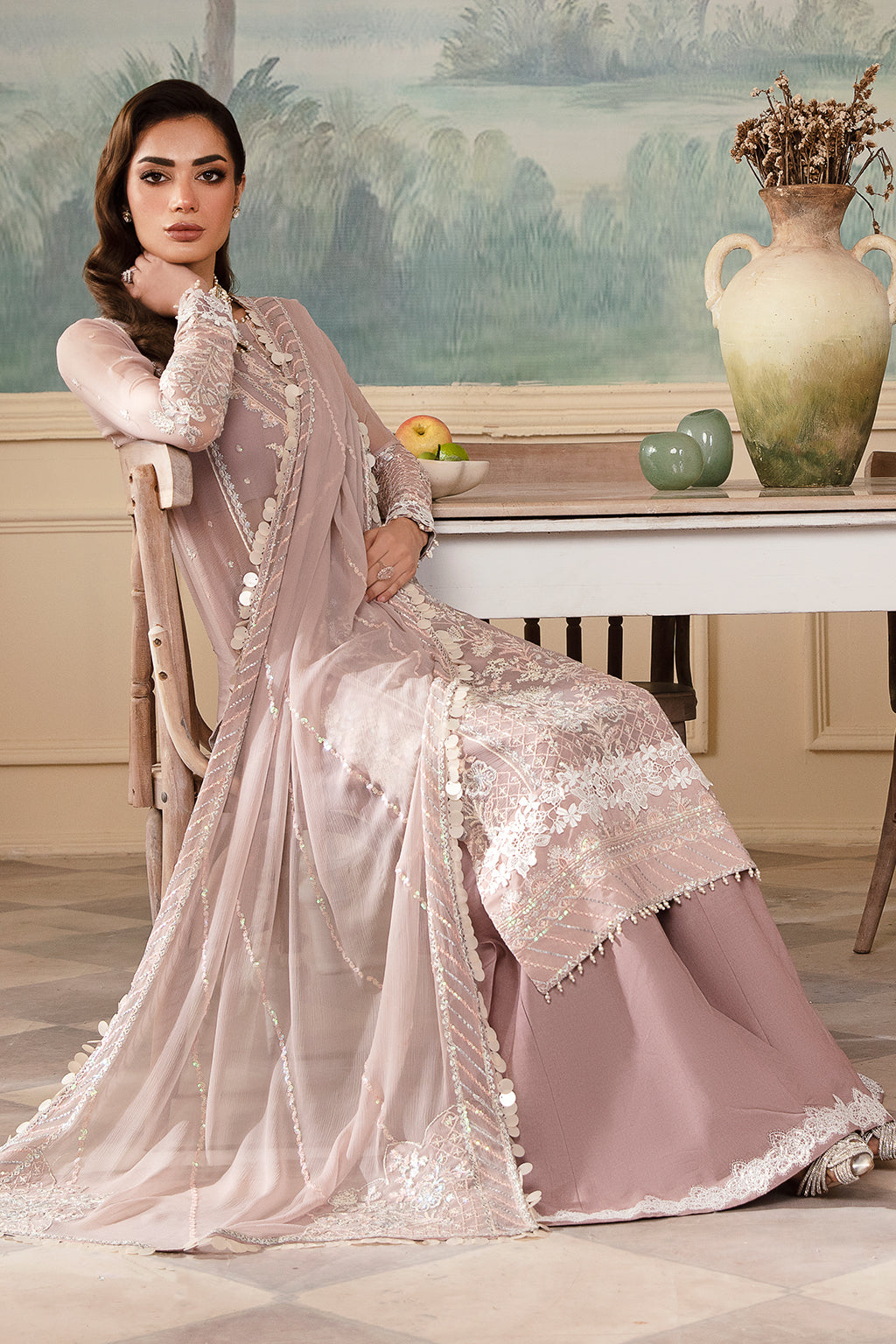Noori dusty pink long shirt and skirt, reference outfit photograph 4 — Made by Mairaz reproduction