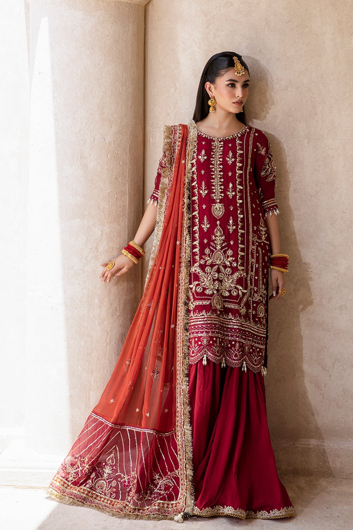Roshan red shirt and wide-leg trousers, reference outfit photograph 1 — Made by Mairaz reproduction