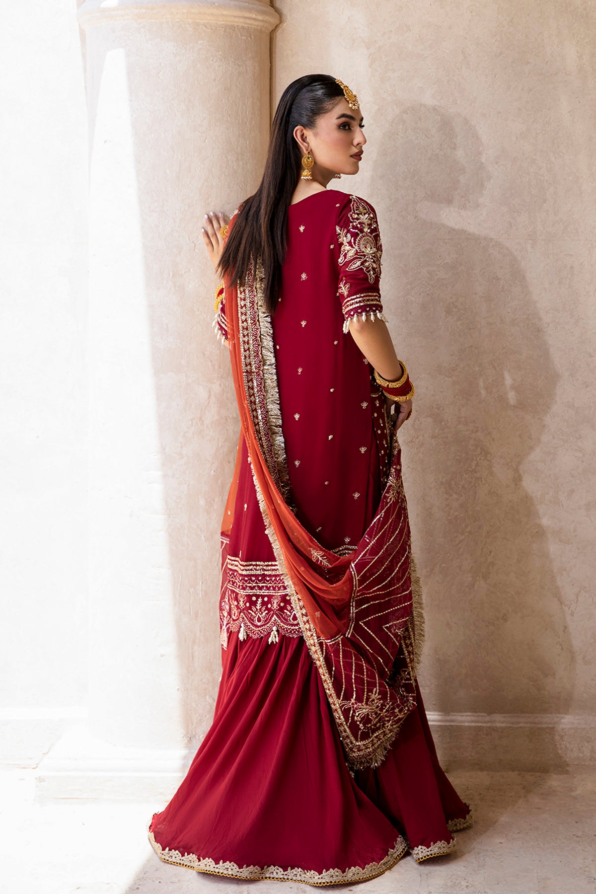 Roshan red shirt and wide-leg trousers, reference outfit photograph 2 — Made by Mairaz reproduction