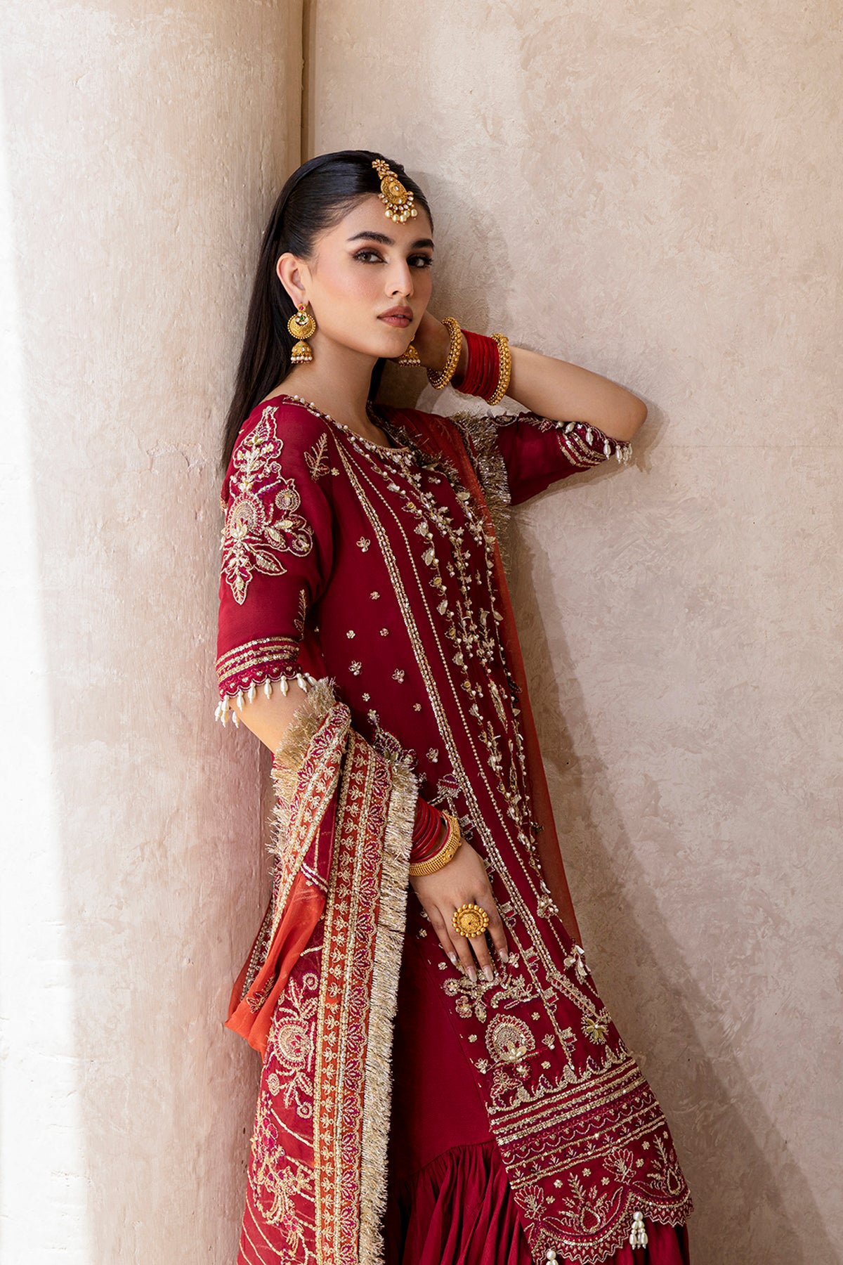 Roshan red shirt and wide-leg trousers, reference outfit photograph 3 — Made by Mairaz reproduction