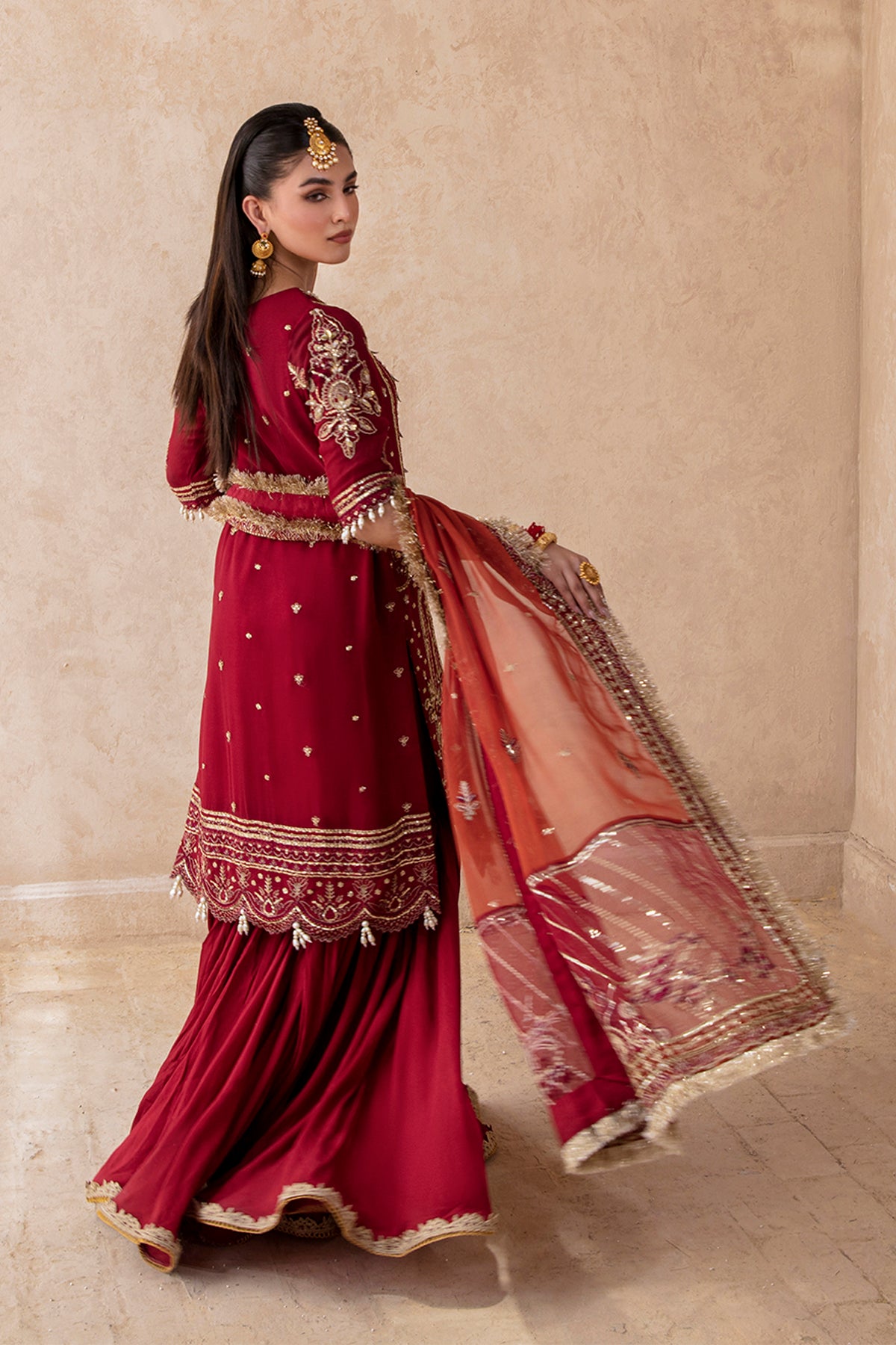 Roshan red shirt and wide-leg trousers, reference outfit photograph 5 — Made by Mairaz reproduction