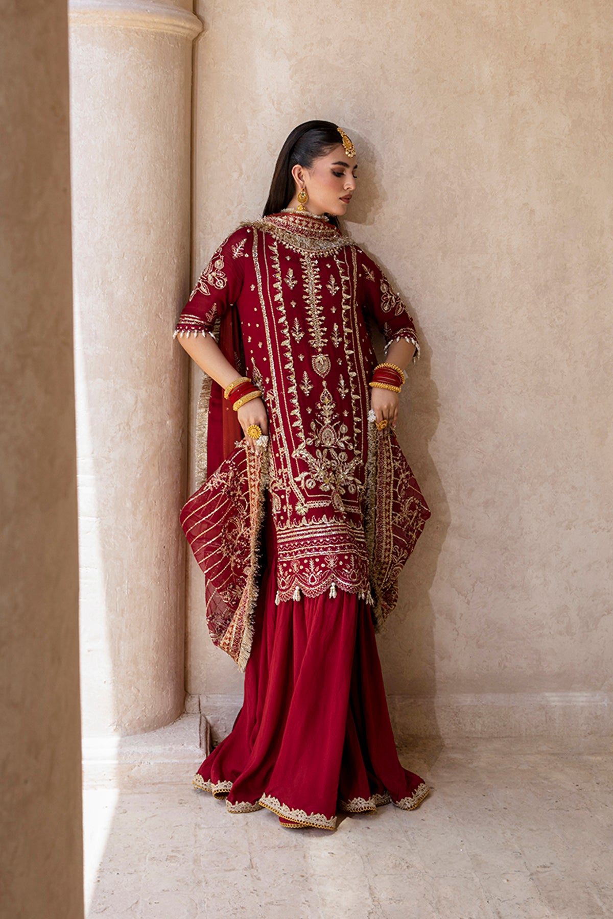 Roshan red shirt and wide-leg trousers, reference outfit photograph 6 — Made by Mairaz reproduction