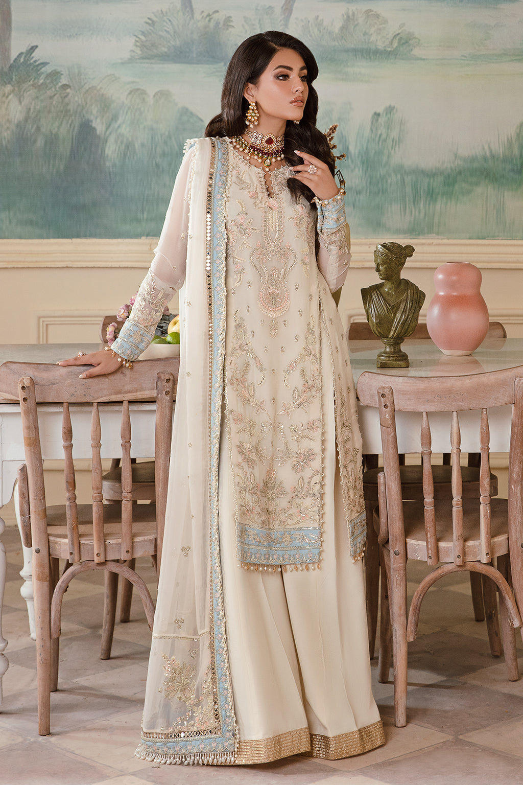 Shafaq ivory long shirt and skirt, reference outfit photograph 1 — Made by Mairaz reproduction