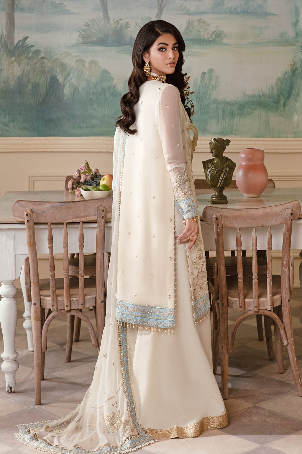 Shafaq ivory long shirt and skirt, reference outfit photograph 2 — Made by Mairaz reproduction