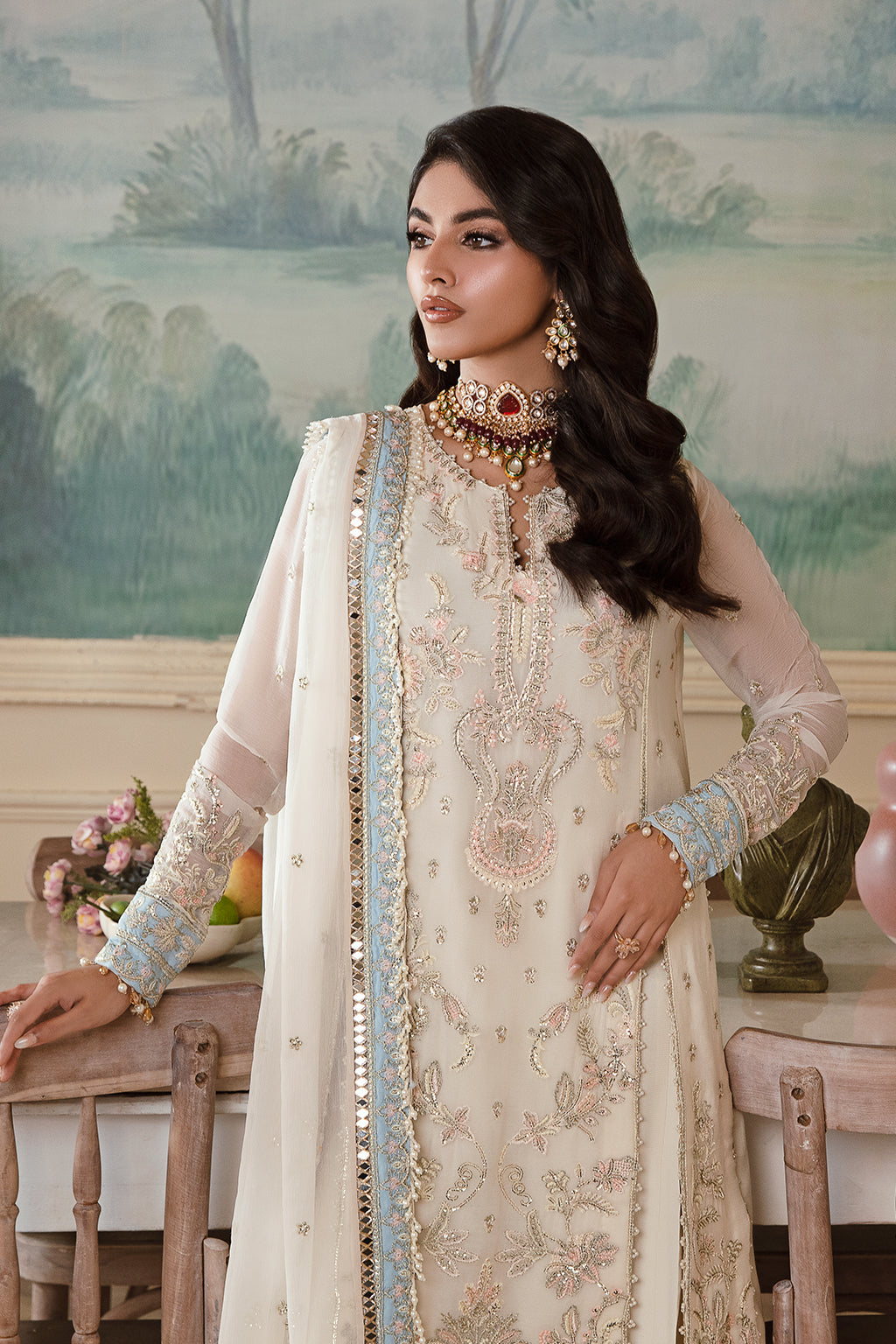 Shafaq ivory long shirt and skirt, reference outfit photograph 3 — Made by Mairaz reproduction