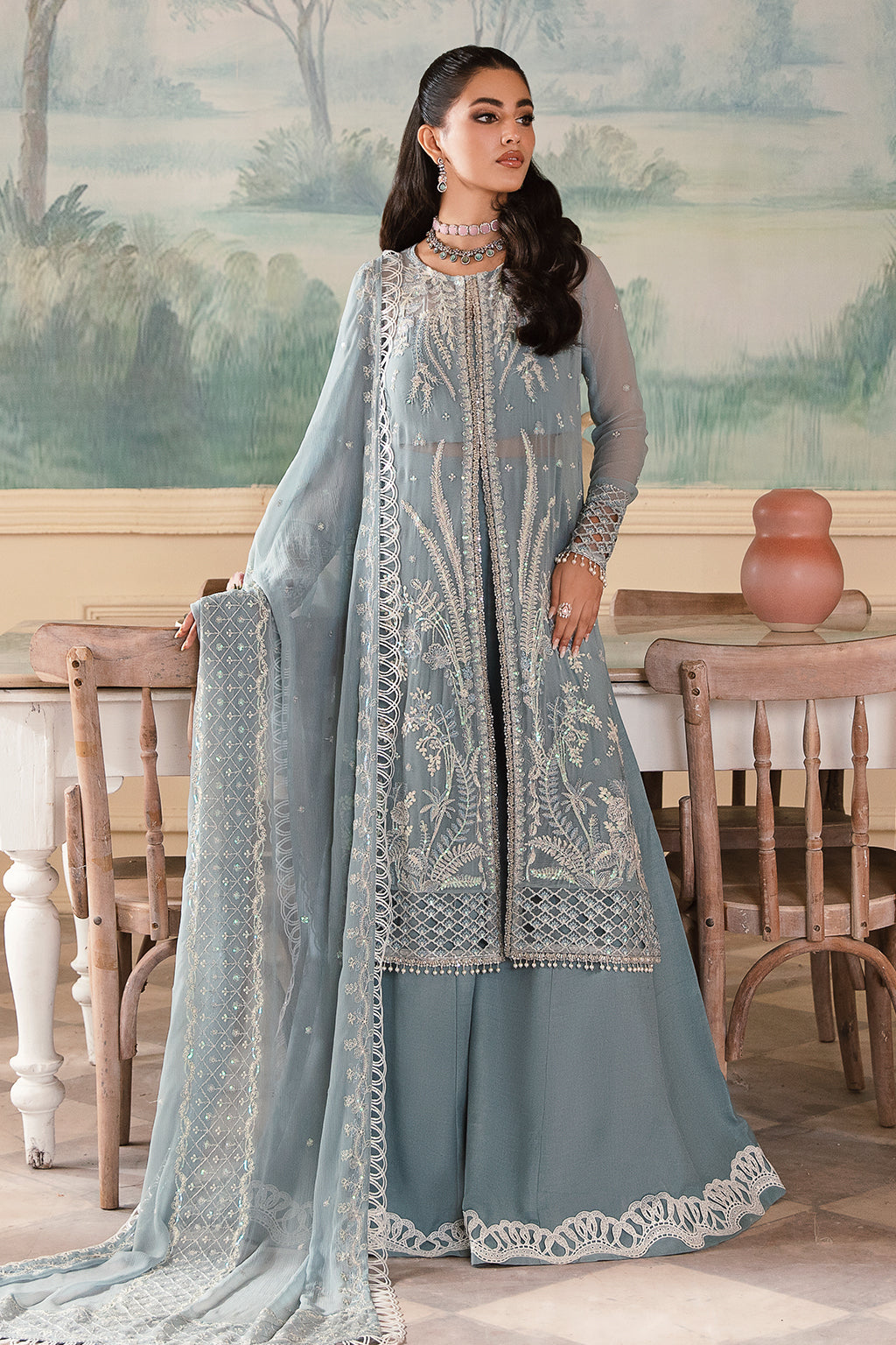 Shanze powder blue long shirt and skirt, reference outfit photograph 1 — Made by Mairaz reproduction