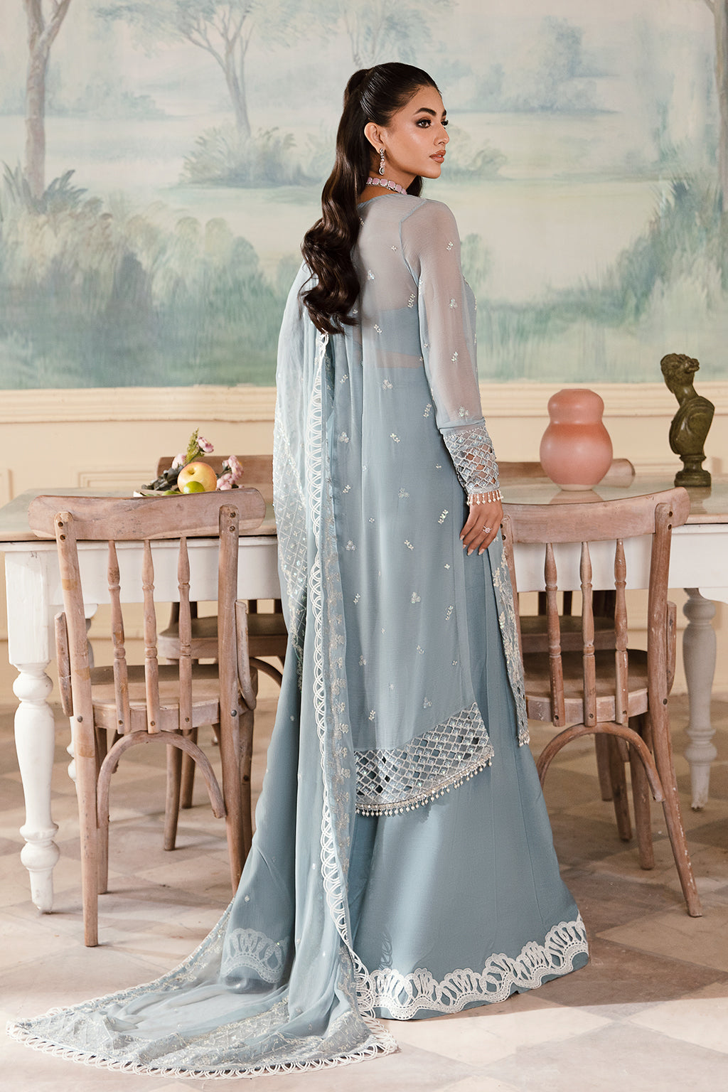 Shanze powder blue long shirt and skirt, reference outfit photograph 2 — Made by Mairaz reproduction
