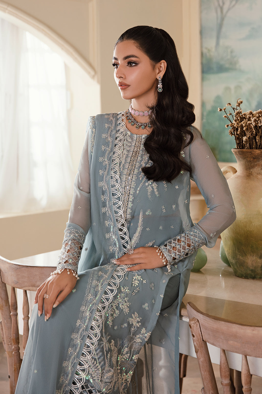 Shanze powder blue long shirt and skirt, reference outfit photograph 3 — Made by Mairaz reproduction