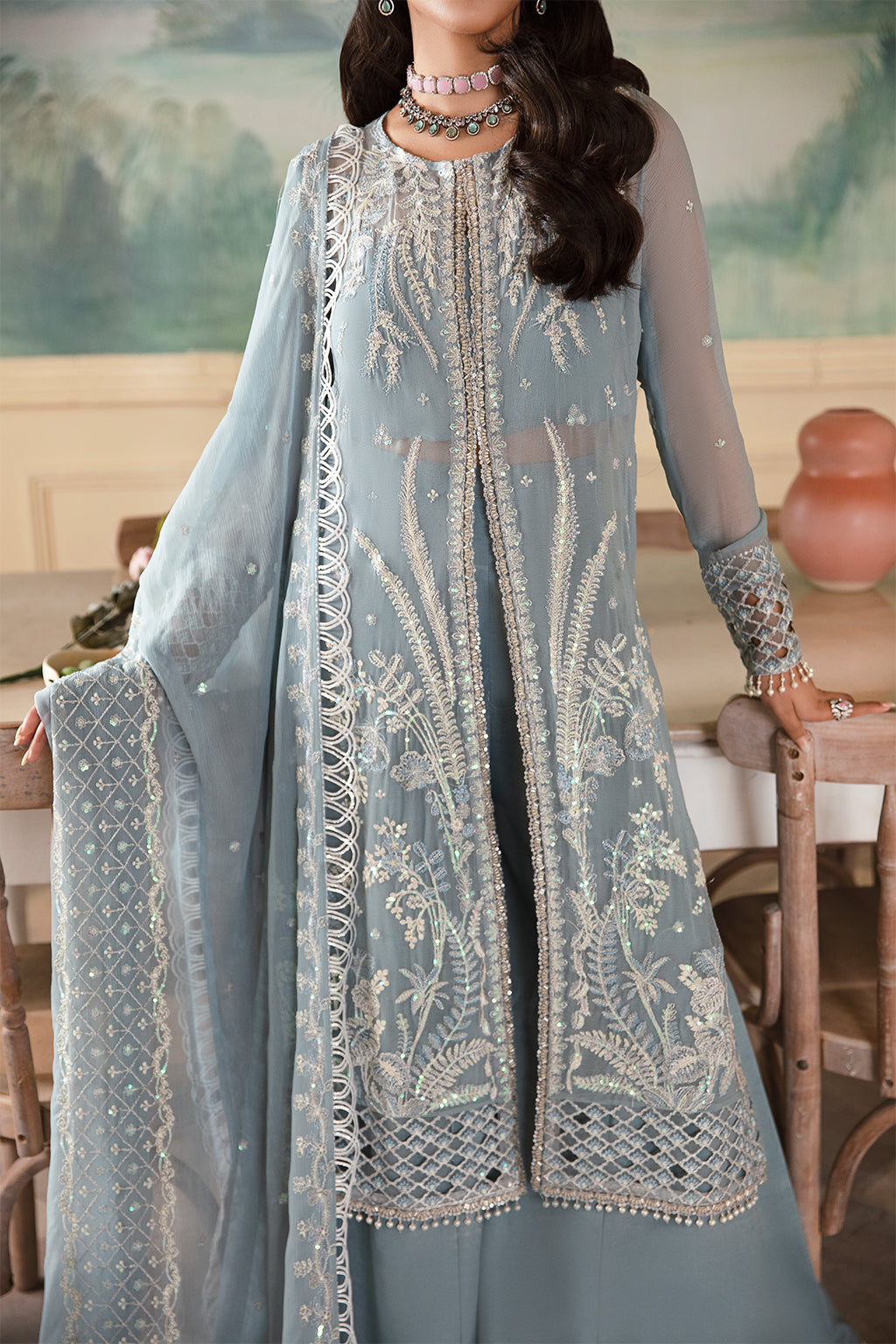 Shanze powder blue long shirt and skirt, reference outfit photograph 4 — Made by Mairaz reproduction