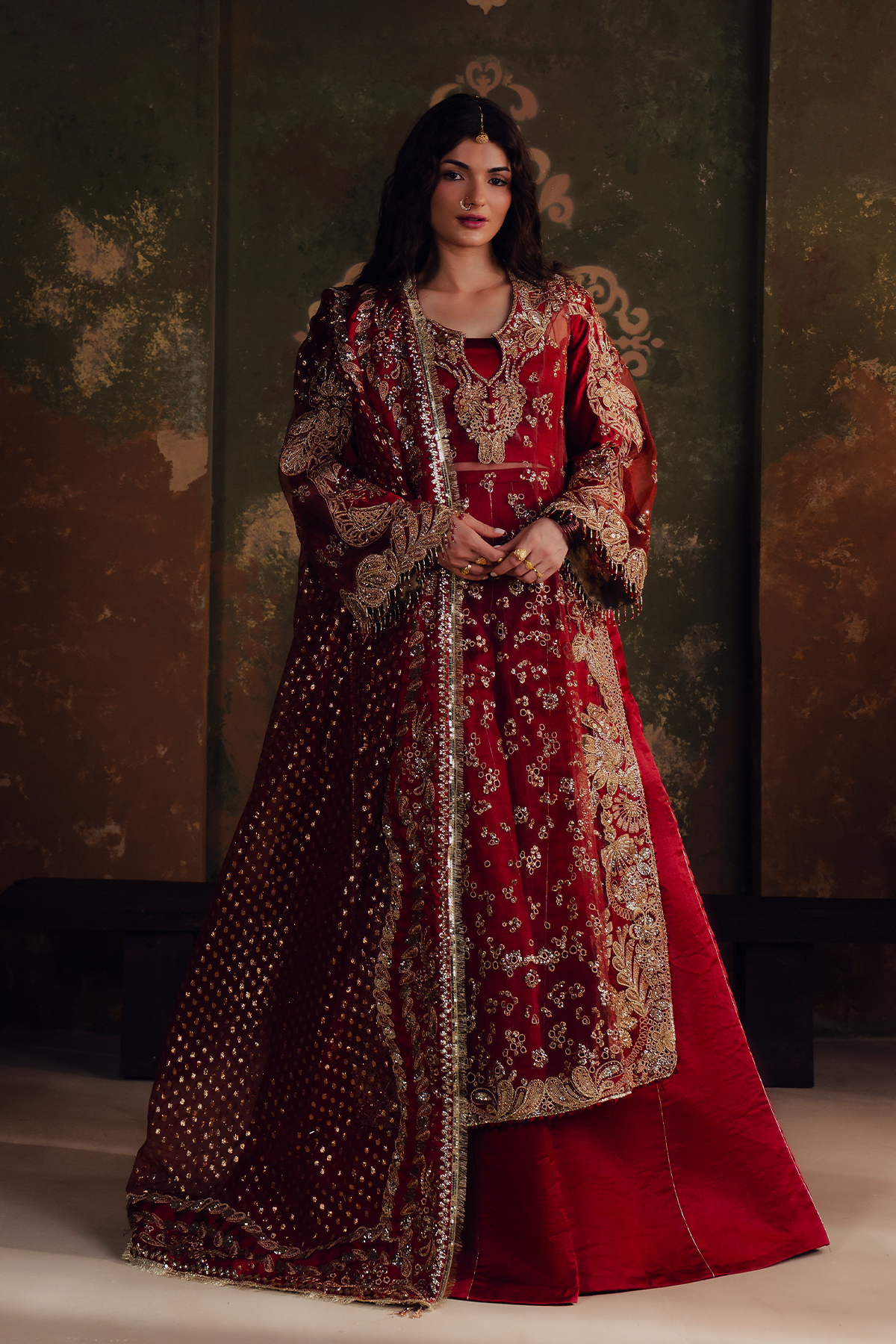Sitara crimson red kalidaar, reference outfit photograph 1 — Made by Mairaz reproduction