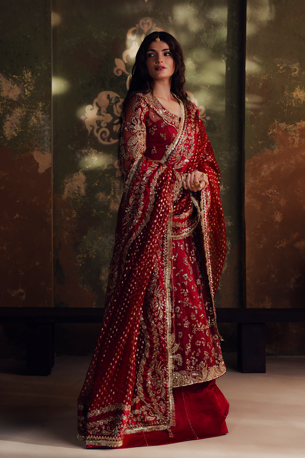 Sitara crimson red kalidaar, reference outfit photograph 2 — Made by Mairaz reproduction